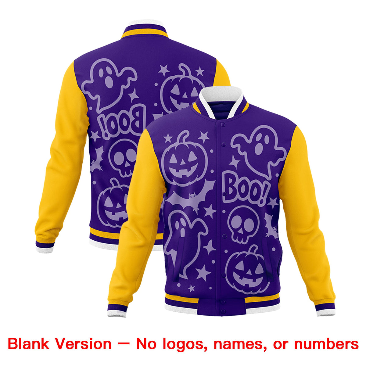 Custom Yellow Purple Gold Bats Pumpkins Ghost Patterns Halloween Letterman Jacket | Custom Letterman Jacket,Add Name and Numbern,Sublimation Printed & Stitched,Perfect for Parties | KXKSHOP