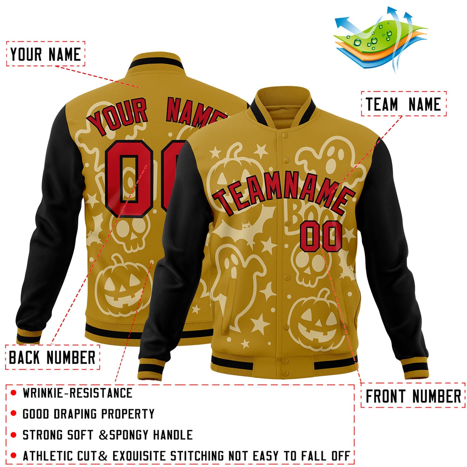 Custom Old Gold Black Red Bats Pumpkins Ghost Patterns Halloween Letterman Jacket | Custom Letterman Jacket,Add Name and Numbern,Sublimation Printed & Stitched,Perfect for Parties | KXKSHOP