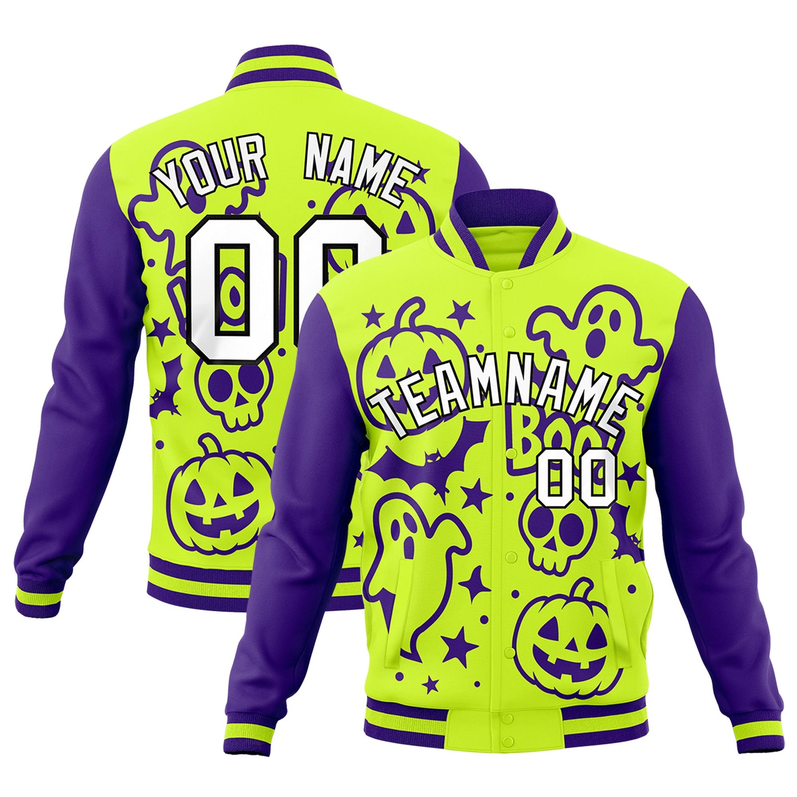 Custom Purple Neon Green White Bats Pumpkins Ghost Patterns Halloween Letterman Jacket | Custom Letterman Jacket,Add Name and Numbern,Sublimation Printed & Stitched,Perfect for Parties | KXKSHOP