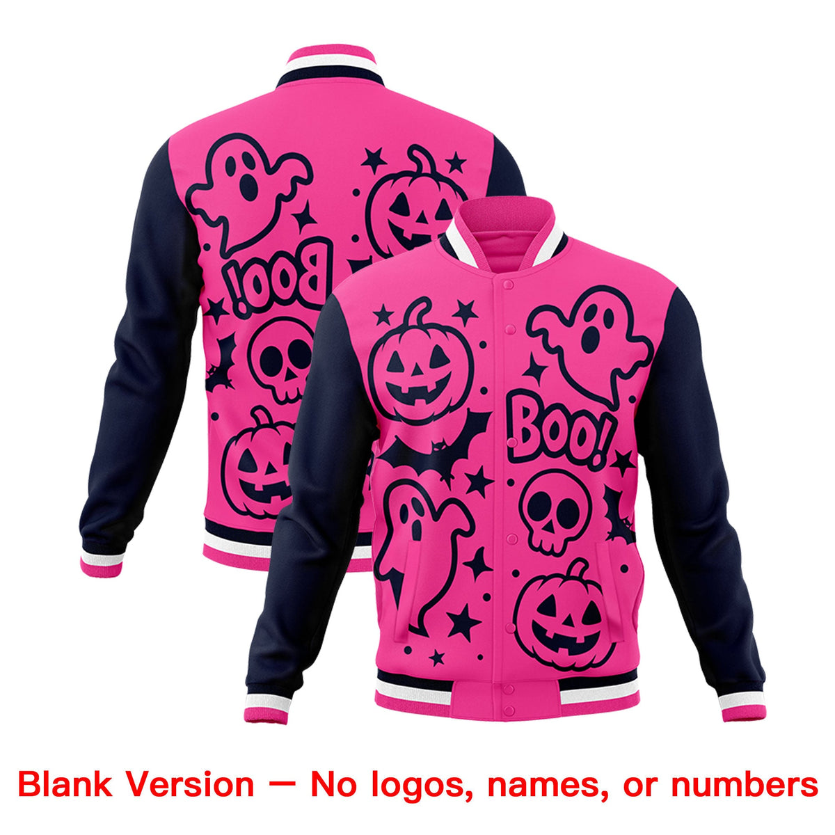 Custom Navy Pink White Bats Pumpkins Ghost Patterns Halloween Letterman Jacket | Custom Letterman Jacket,Add Name and Numbern,Sublimation Printed &amp; Stitched,Perfect for Parties | KXKSHOP