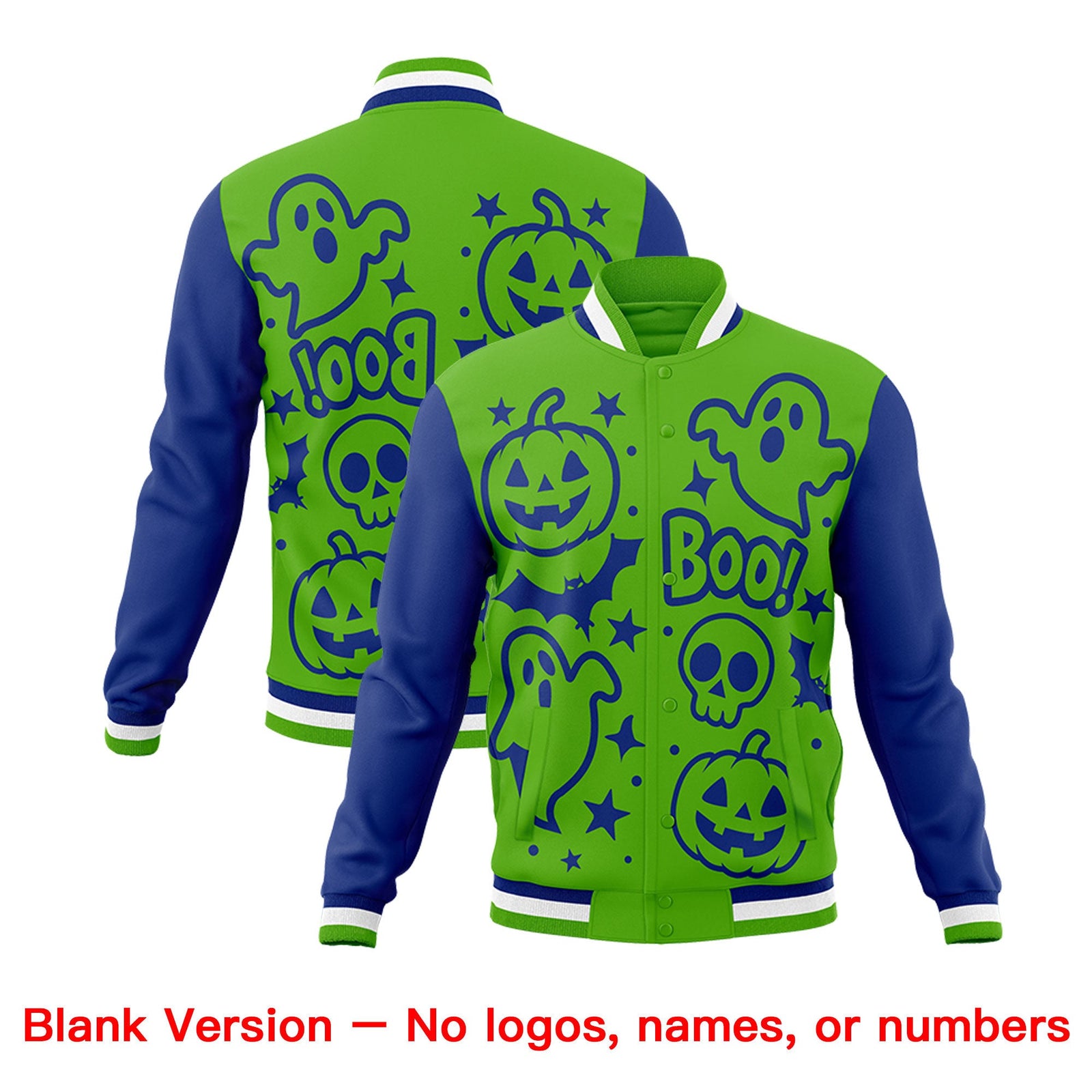 Custom Green Royal Blue White Bats Pumpkins Ghost Patterns Halloween Letterman Jacket | Custom Letterman Jacket,Add Name and Numbern,Sublimation Printed & Stitched,Perfect for Parties | KXKSHOP