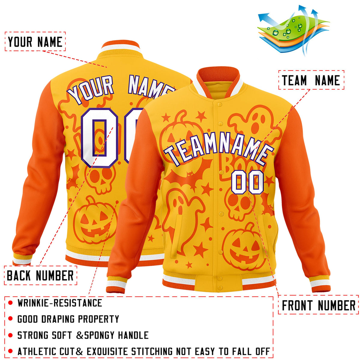 Custom Yellow Orange Gold Bats Pumpkins Ghost Patterns Halloween Letterman Jacket | Custom Letterman Jacket,Add Name and Numbern,Sublimation Printed & Stitched,Perfect for Parties | KXKSHOP