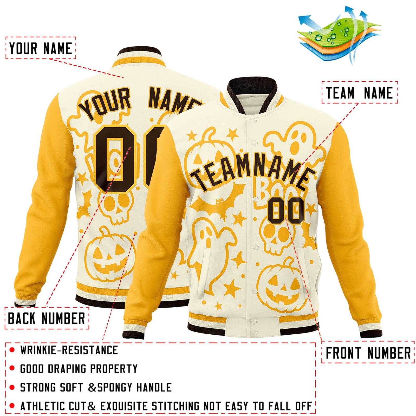 Custom Yellow Cream Gold Bats Pumpkins Ghost Patterns Halloween Letterman Jacket | Custom Letterman Jacket,Add Name and Numbern,Sublimation Printed & Stitched,Perfect for Parties | KXKSHOP
