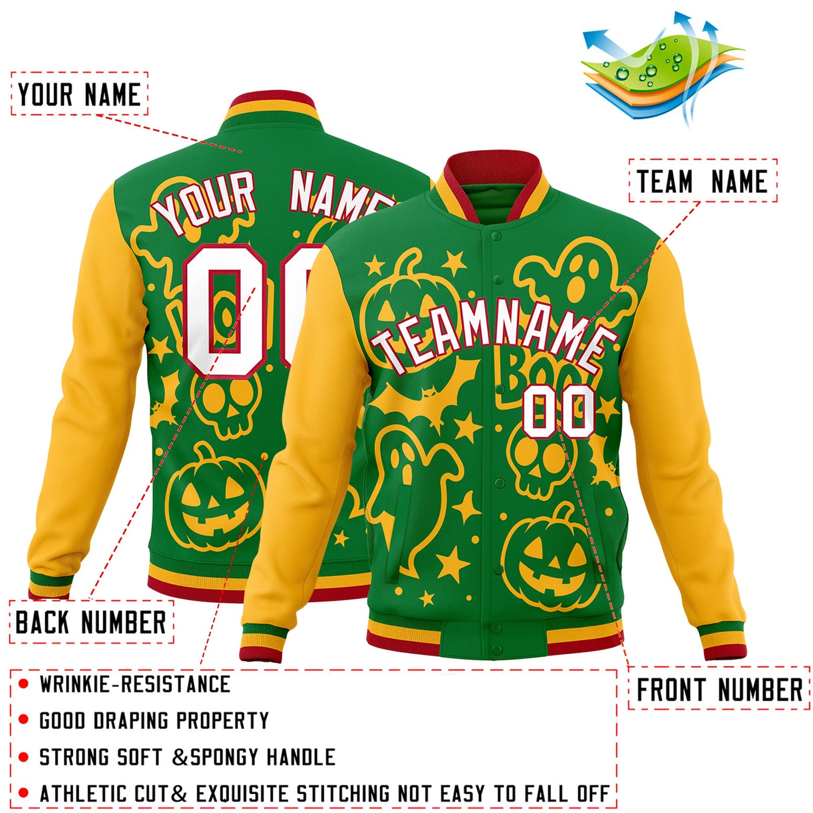 Custom Kelly Green Gold Red Bats Pumpkins Ghost Patterns Halloween Letterman Jacket | Custom Letterman Jacket,Add Name and Numbern,Sublimation Printed & Stitched,Perfect for Parties | KXKSHOP