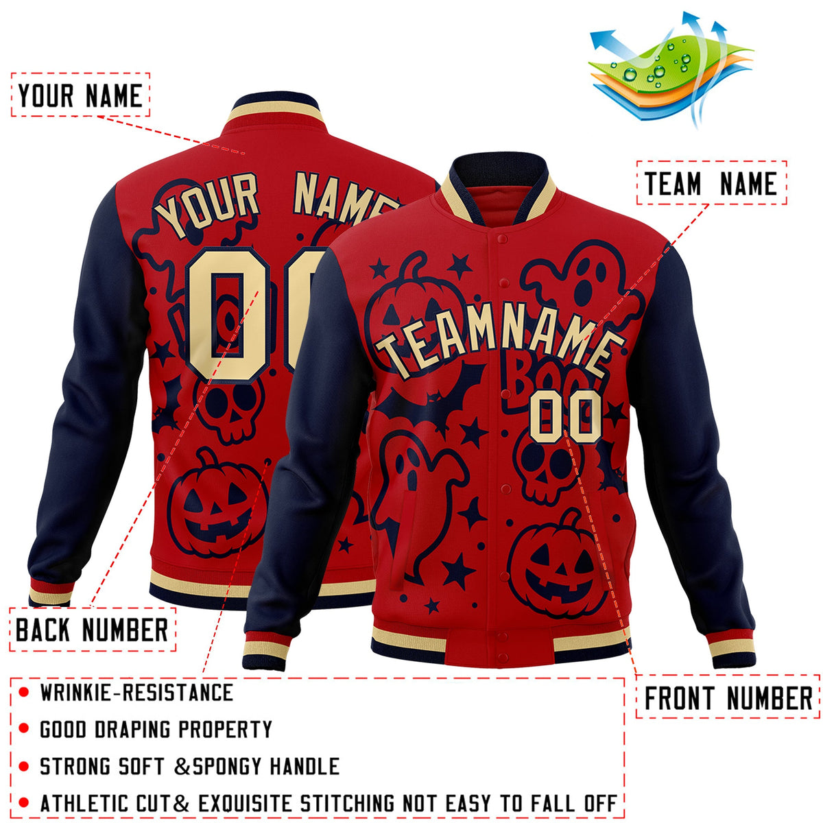 Custom Red Navy Khaki Bats Pumpkins Ghost Patterns Halloween Letterman Jacket | Custom Letterman Jacket,Add Name and Numbern,Sublimation Printed & Stitched,Perfect for Parties | KXKSHOP