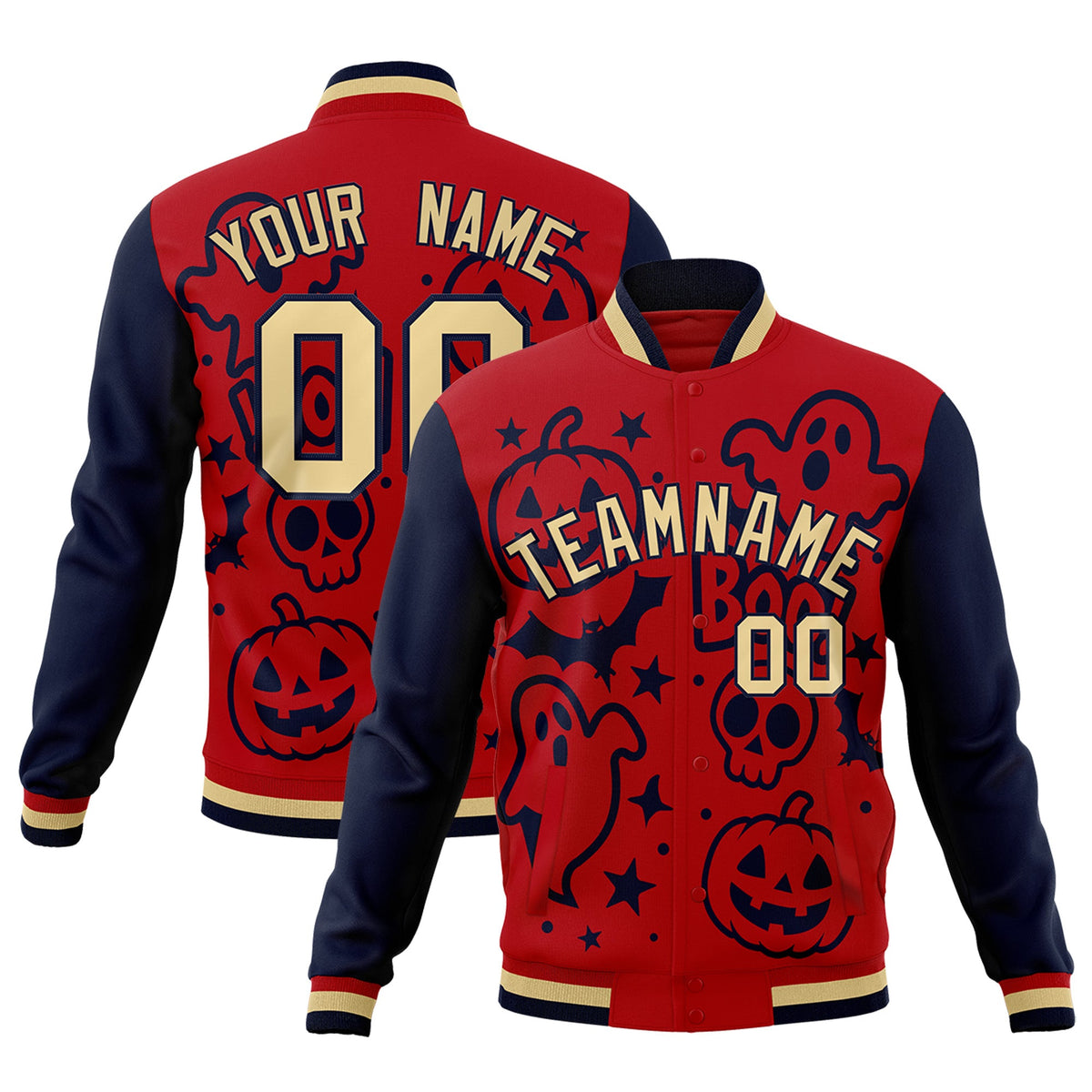 Custom Red Navy Khaki Bats Pumpkins Ghost Patterns Halloween Letterman Jacket | Custom Letterman Jacket,Add Name and Numbern,Sublimation Printed & Stitched,Perfect for Parties | KXKSHOP
