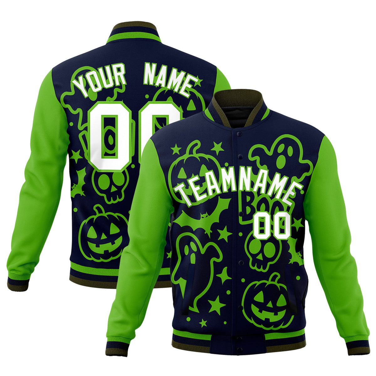 Custom Green Navy Olive Bats Pumpkins Ghost Patterns Halloween Letterman Jacket | Custom Letterman Jacket,Add Name and Numbern,Sublimation Printed &amp; Stitched,Perfect for Parties | KXKSHOP