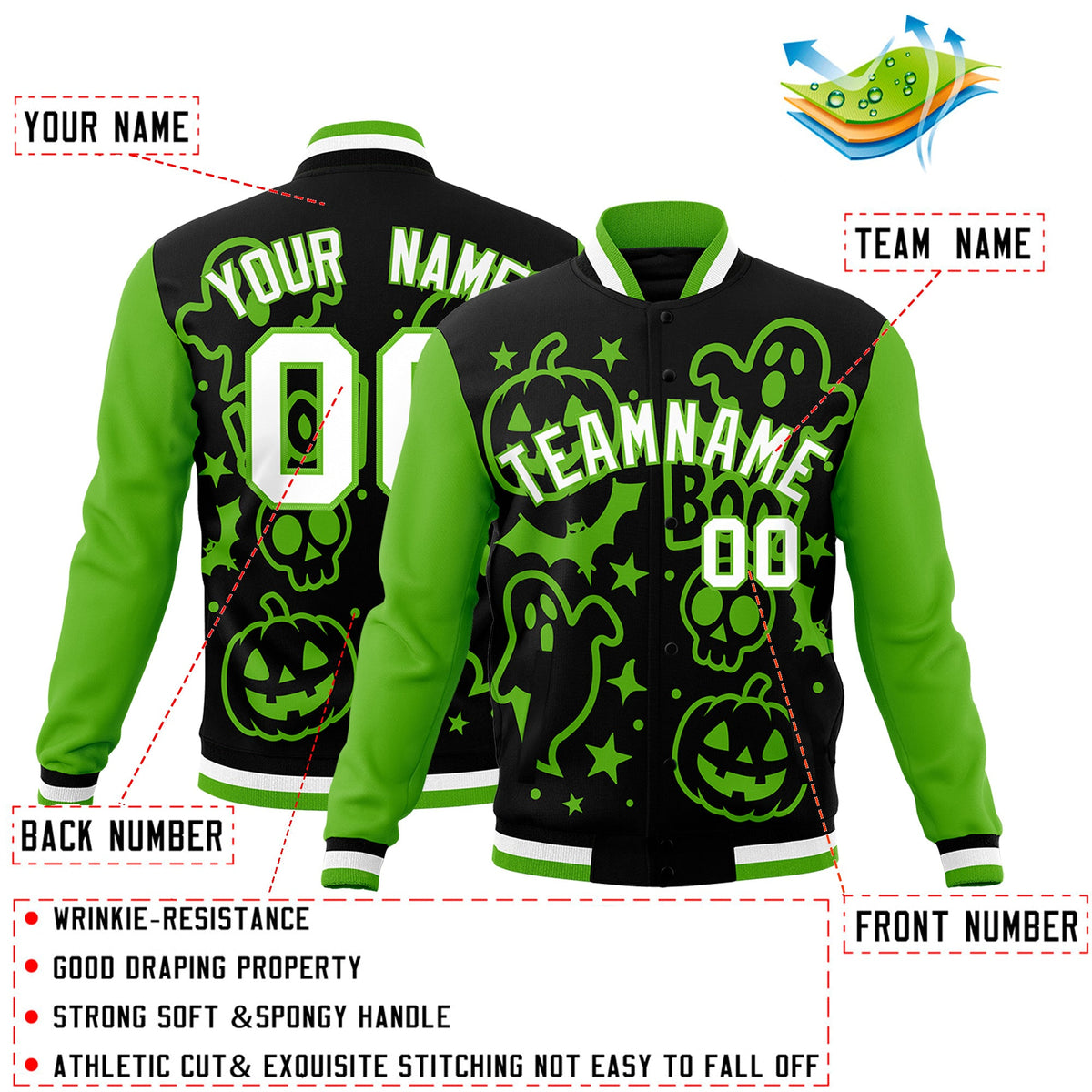 Custom Black Green White Bats Pumpkins Ghost Patterns Halloween Letterman Jacket | Custom Letterman Jacket,Add Name and Numbern,Sublimation Printed &amp; Stitched,Perfect for Parties | KXKSHOP