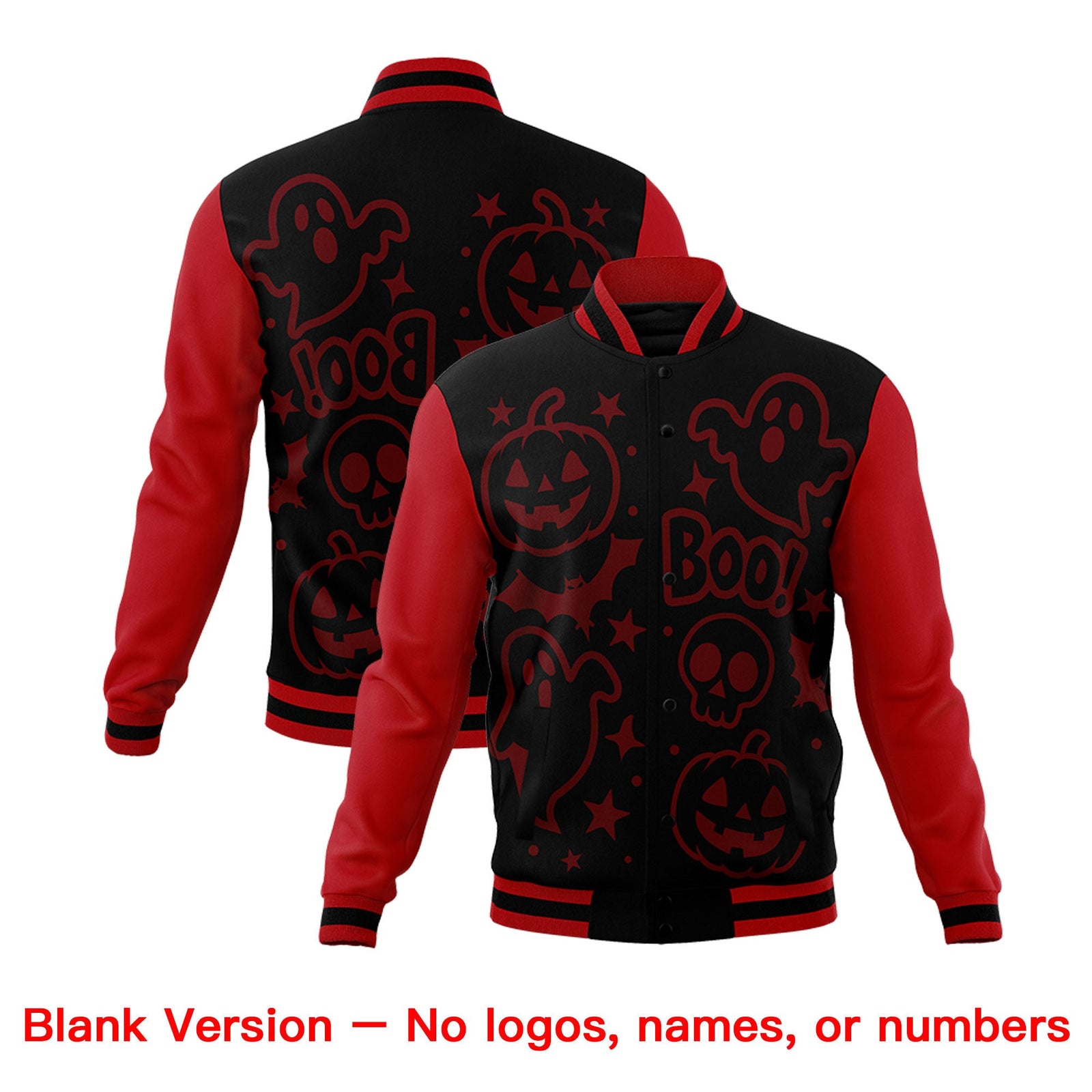 Custom Red Black Gold Bats Pumpkins Ghost Patterns Halloween Letterman Jacket | Custom Letterman Jacket,Add Name and Numbern,Sublimation Printed & Stitched,Perfect for Parties | KXKSHOP