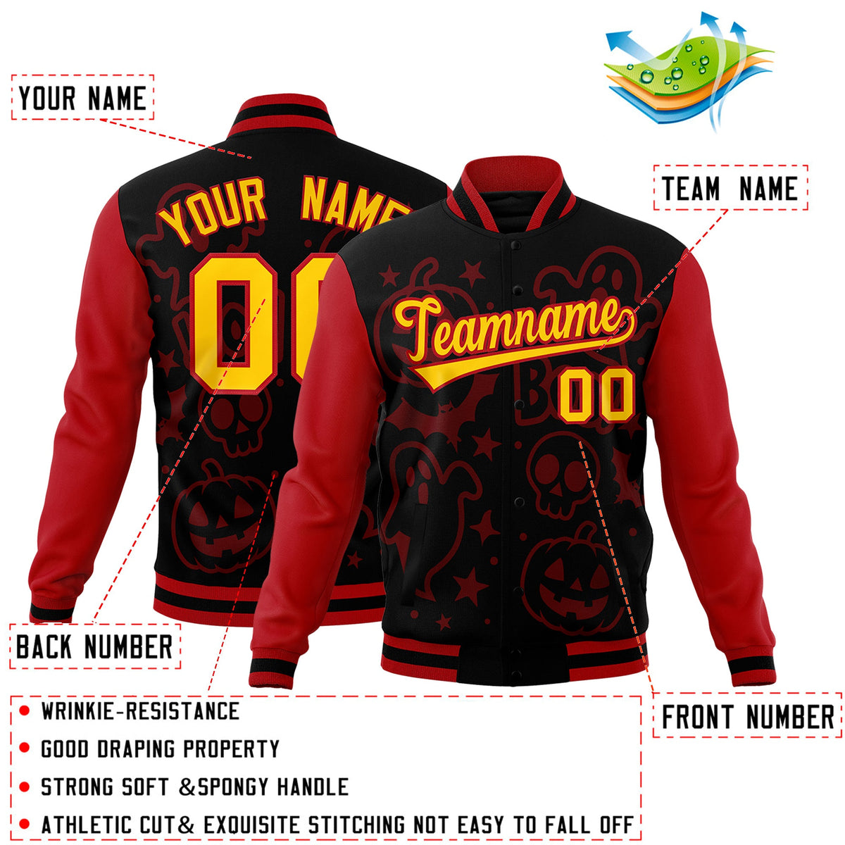 Custom Red Black Gold Bats Pumpkins Ghost Patterns Halloween Letterman Jacket | Custom Letterman Jacket,Add Name and Numbern,Sublimation Printed &amp; Stitched,Perfect for Parties | KXKSHOP