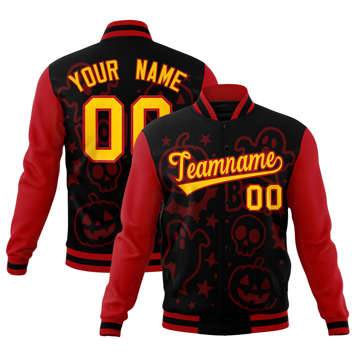Custom Red Black Gold Bats Pumpkins Ghost Patterns Halloween Letterman Jacket | Custom Letterman Jacket,Add Name and Numbern,Sublimation Printed &amp; Stitched,Perfect for Parties | KXKSHOP