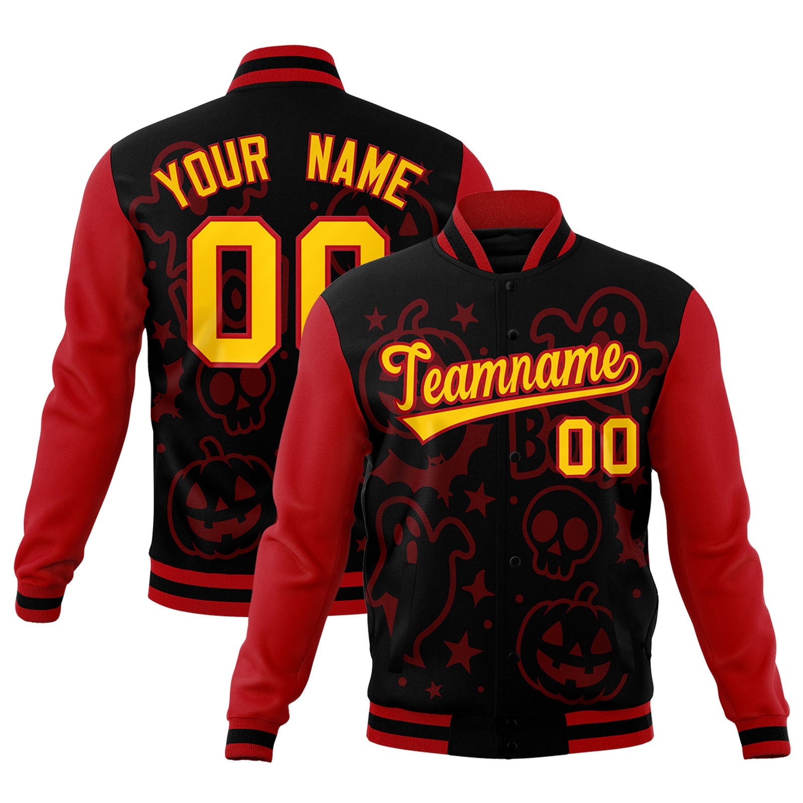 Custom Red Black Gold Bats Pumpkins Ghost Patterns Halloween Letterman Jacket | Custom Letterman Jacket,Add Name and Numbern,Sublimation Printed & Stitched,Perfect for Parties | KXKSHOP