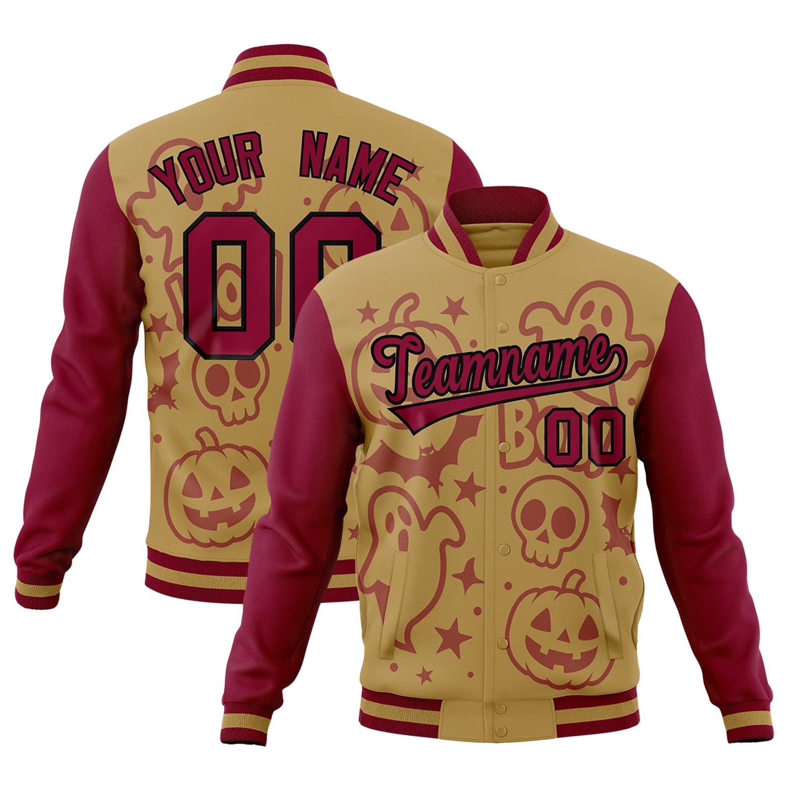 Custom Khaki Crimson Black Bats Pumpkins Ghost Patterns Halloween Letterman Jacket | Custom Letterman Jacket,Add Name and Numbern,Sublimation Printed & Stitched,Perfect for Parties | KXKSHOP