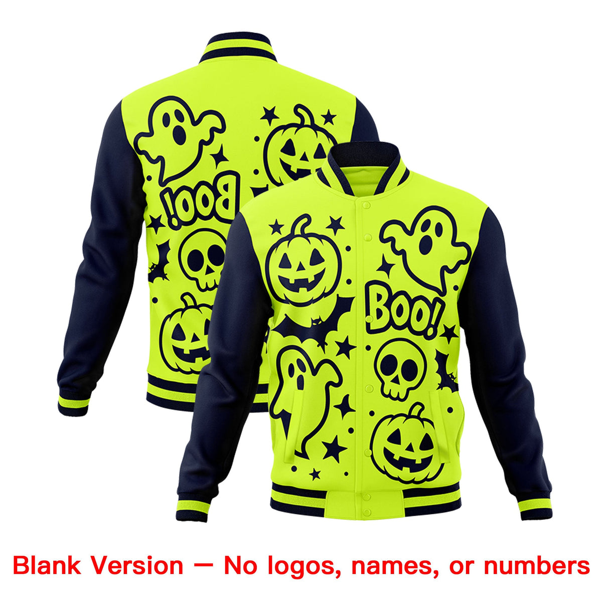Custom Neon Green Navy Orange Bats Pumpkins Ghost Patterns Halloween Letterman Jacket | Custom Letterman Jacket,Add Name and Numbern,Sublimation Printed & Stitched,Perfect for Parties | KXKSHOP