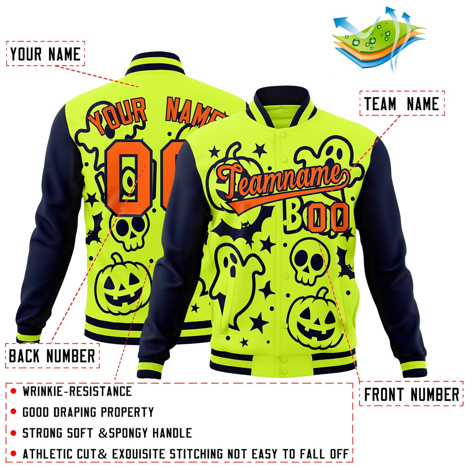 Custom Neon Green Navy Orange Bats Pumpkins Ghost Patterns Halloween Letterman Jacket | Custom Letterman Jacket,Add Name and Numbern,Sublimation Printed & Stitched,Perfect for Parties | KXKSHOP