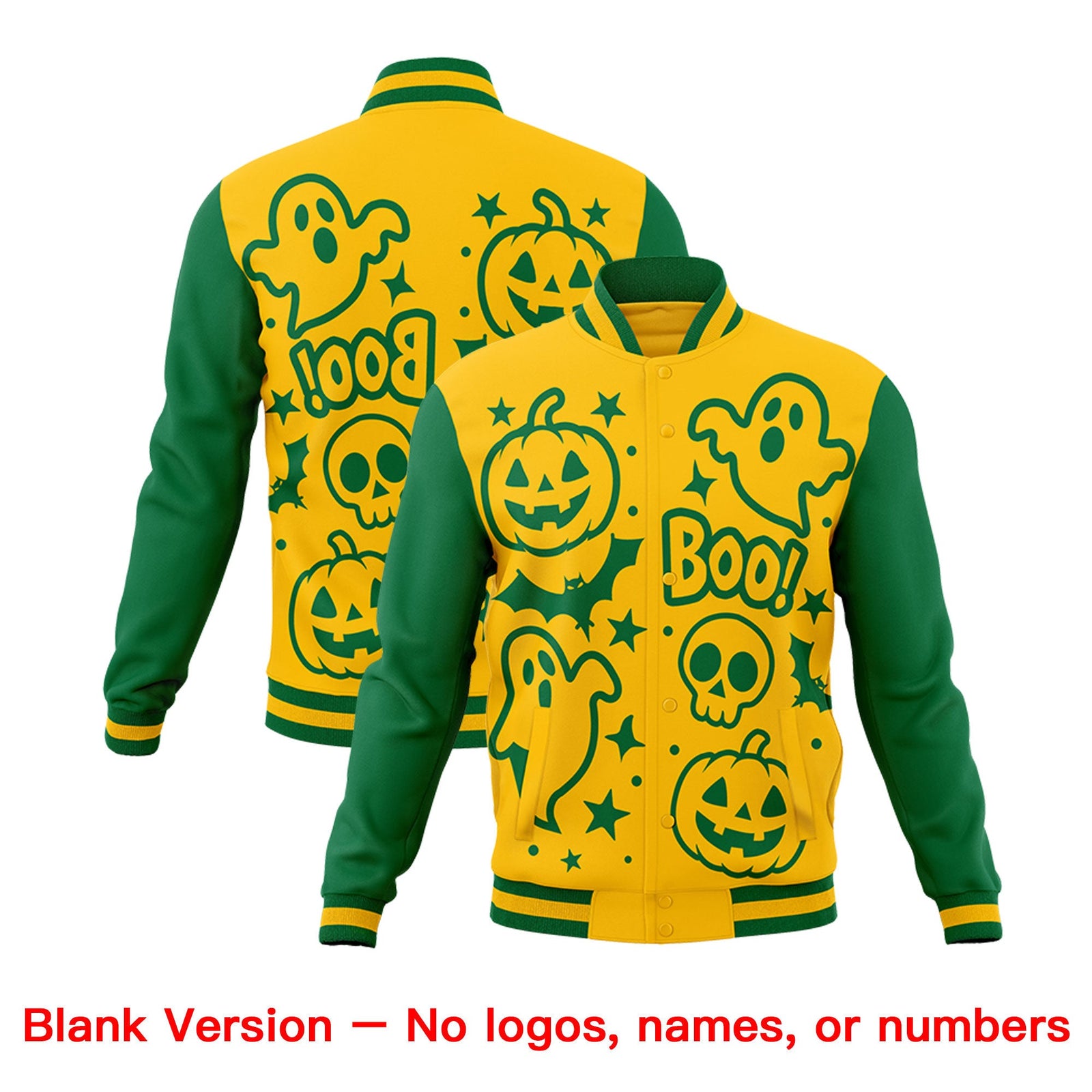 Custom Gold Kelly Green White Bats Pumpkins Ghost Patterns Halloween Letterman Jacket | Custom Letterman Jacket,Add Name and Numbern,Sublimation Printed & Stitched,Perfect for Parties | KXKSHOP
