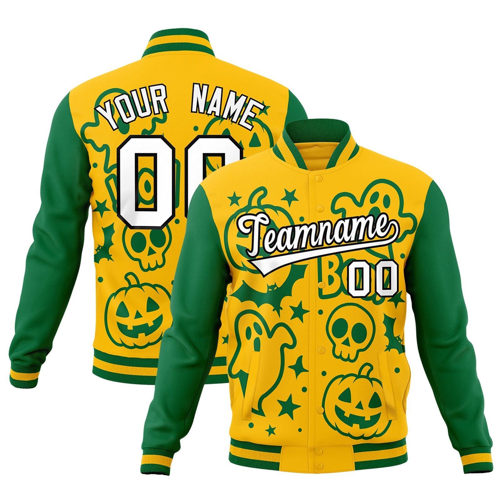 Custom Gold Kelly Green White Bats Pumpkins Ghost Patterns Halloween Letterman Jacket | Custom Letterman Jacket,Add Name and Numbern,Sublimation Printed & Stitched,Perfect for Parties | KXKSHOP