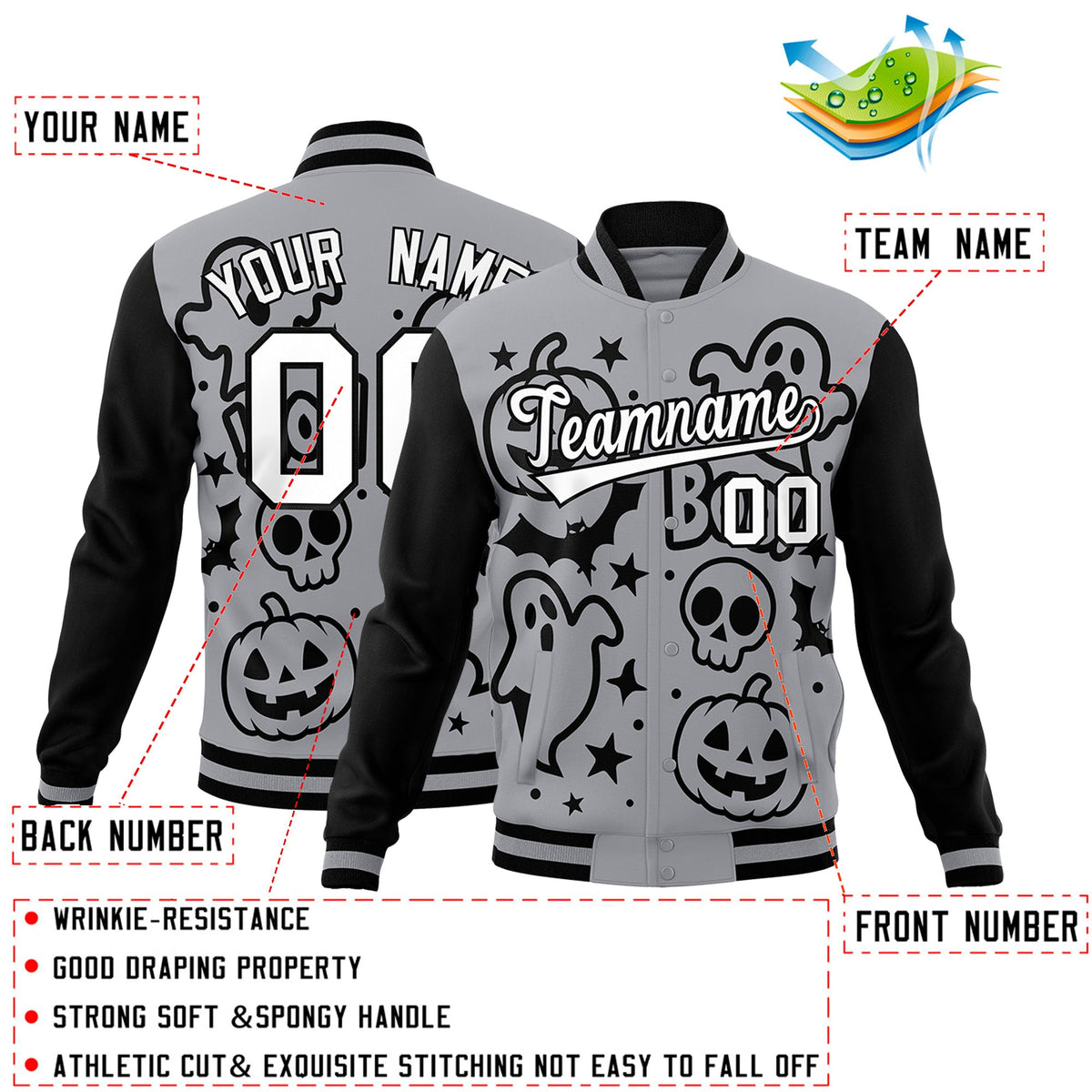 Custom Gray Black White Bats Pumpkins Ghost Patterns Halloween Letterman Jacket | Custom Letterman Jacket,Add Name and Numbern,Sublimation Printed &amp; Stitched,Perfect for Parties | KXKSHOP