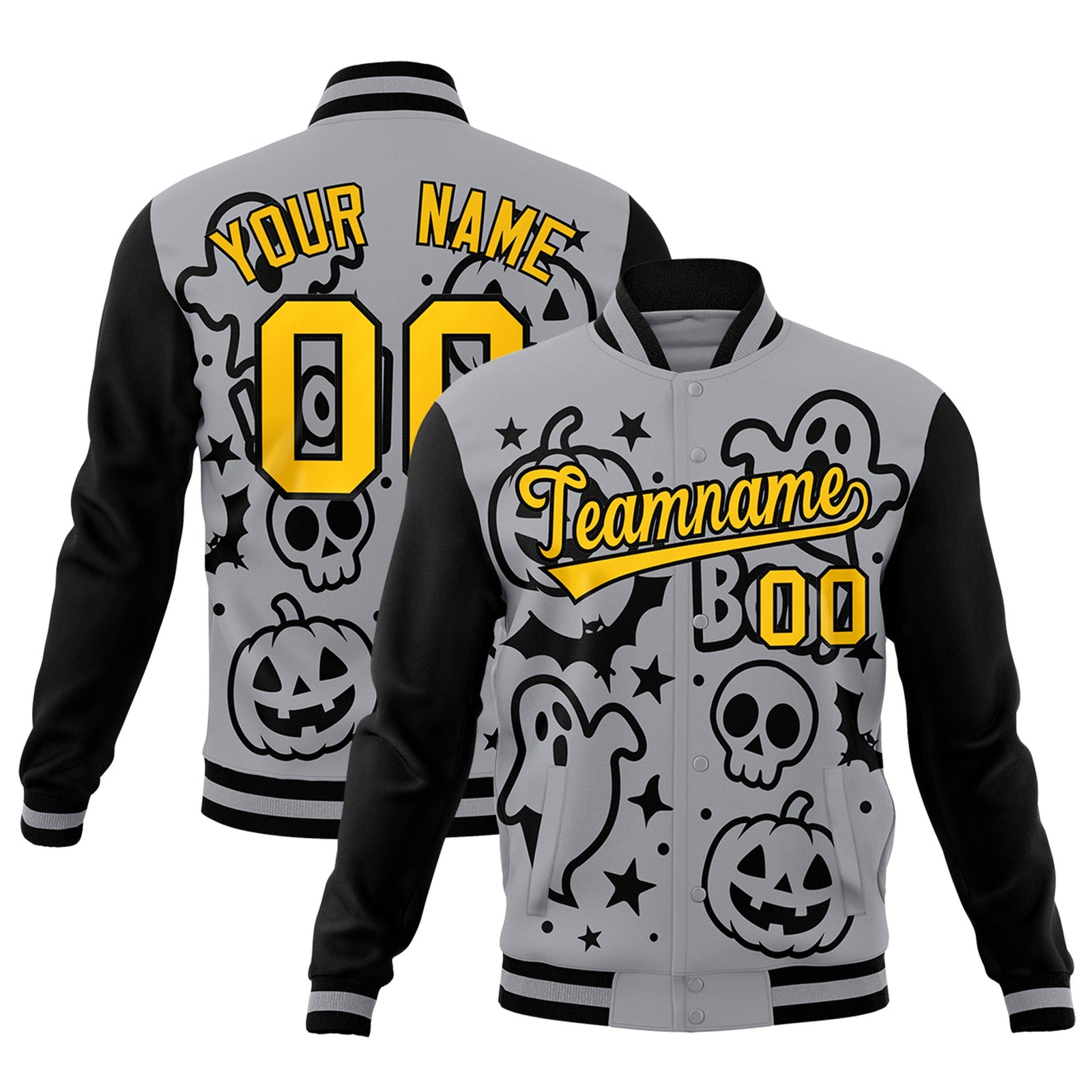 Custom Gray Black Gold Bats Pumpkins Ghost Patterns Halloween Letterman Jacket | Custom Letterman Jacket,Add Name and Numbern,Sublimation Printed & Stitched,Perfect for Parties | KXKSHOP