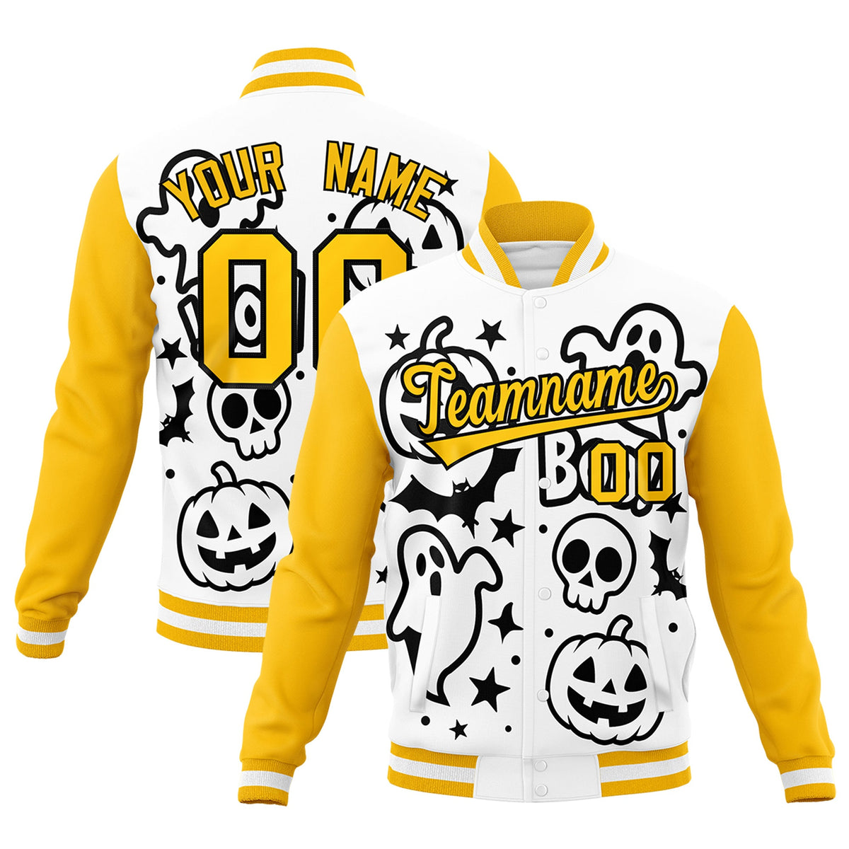 Custom White Black Gold Bats Pumpkins Ghost Patterns Halloween Letterman Jacket | Custom Letterman Jacket,Add Name and Numbern,Sublimation Printed &amp; Stitched,Perfect for Parties | KXKSHOP