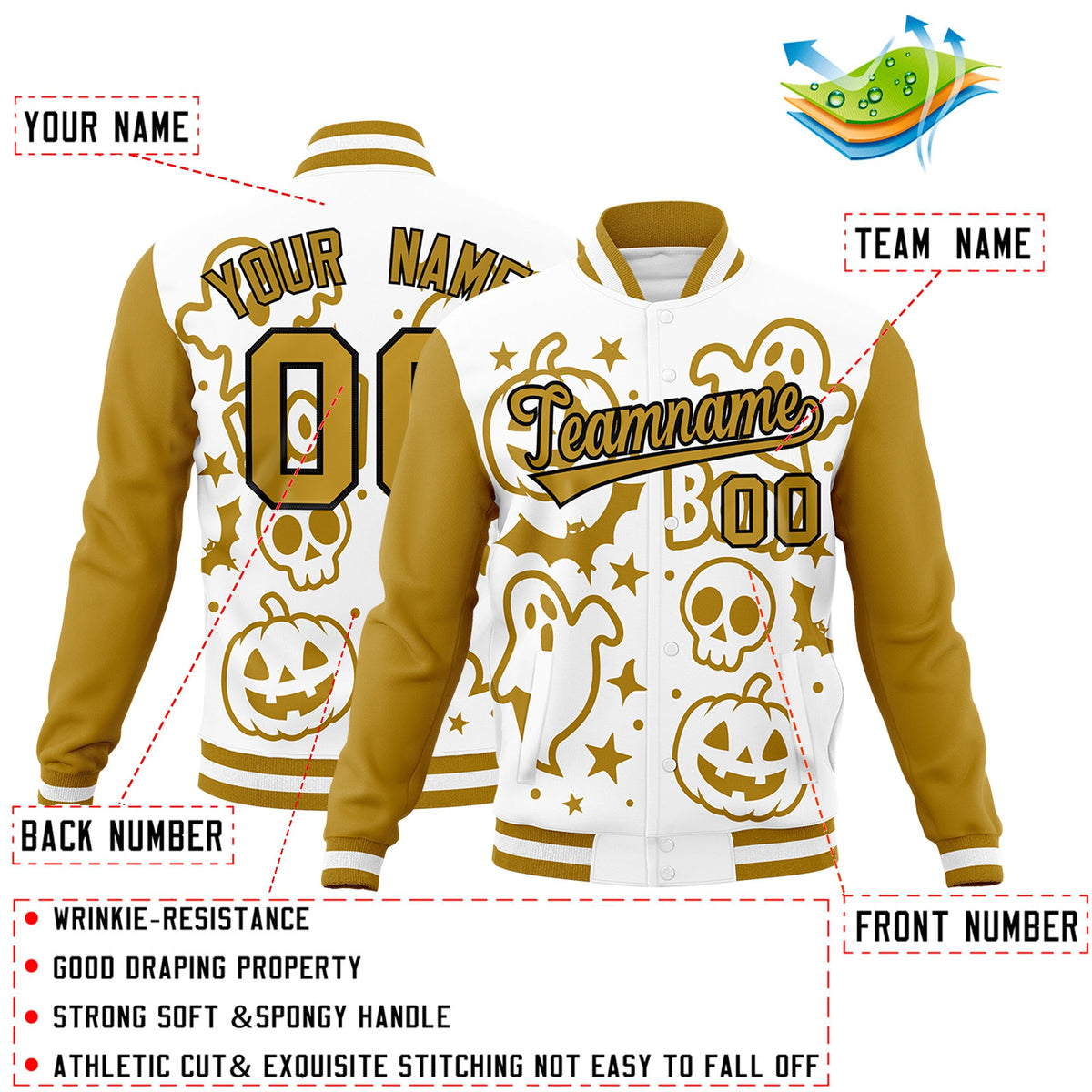 Custom White Old Gold Black Bats Pumpkins Ghost Patterns Halloween Letterman Jacket | Custom Letterman Jacket,Add Name and Numbern,Sublimation Printed &amp; Stitched,Perfect for Parties | KXKSHOP