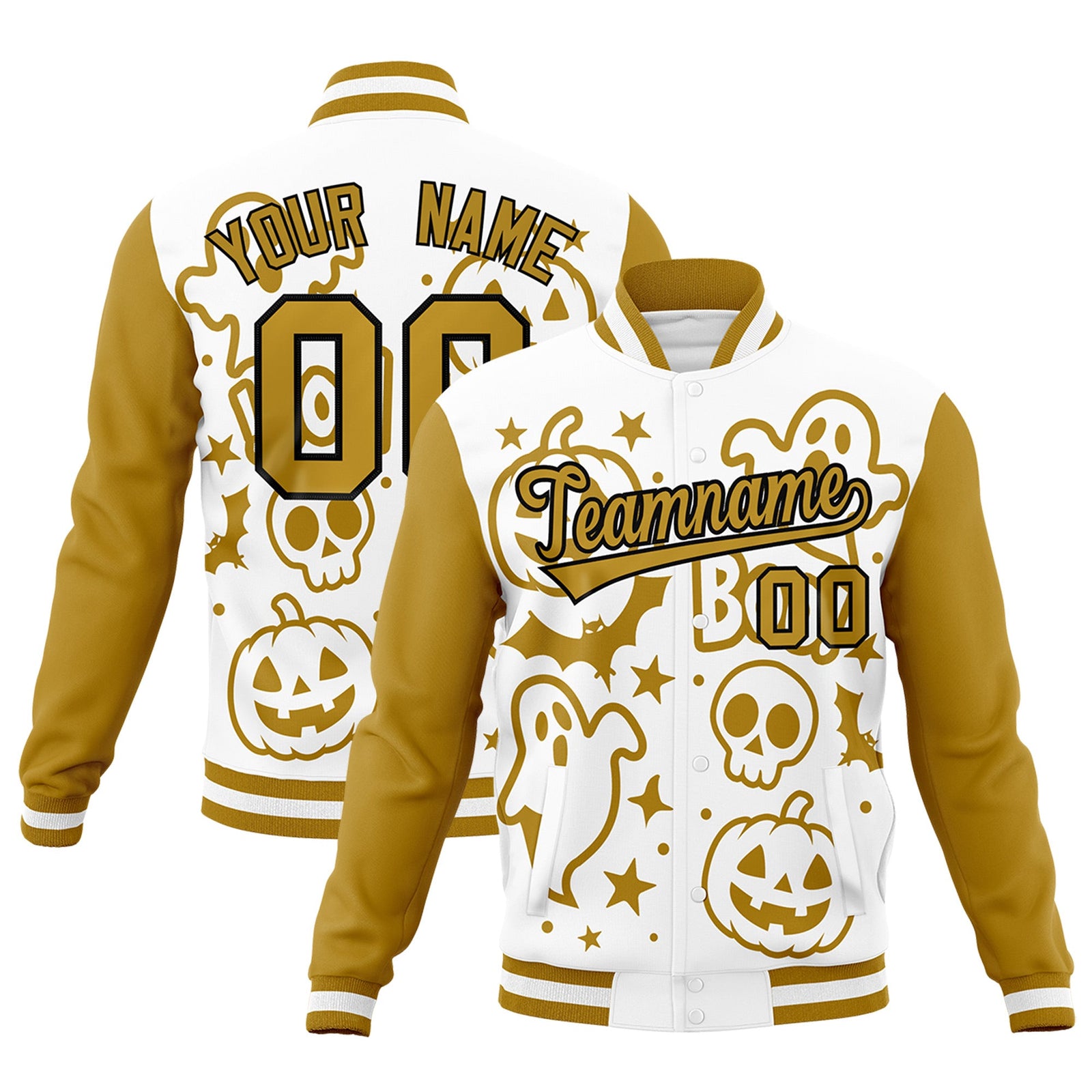 Custom White Old Gold Black Bats Pumpkins Ghost Patterns Halloween Letterman Jacket | Custom Letterman Jacket,Add Name and Numbern,Sublimation Printed & Stitched,Perfect for Parties | KXKSHOP
