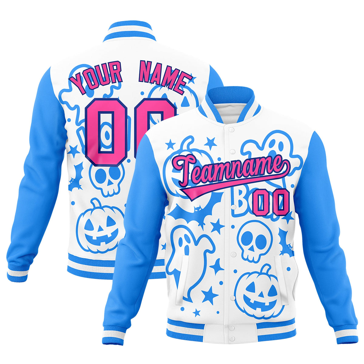 Custom White Powder Blue Pink Bats Pumpkins Ghost Patterns Halloween Letterman Jacket | Custom Letterman Jacket,Add Name and Numbern,Sublimation Printed &amp; Stitched,Perfect for Parties | KXKSHOP