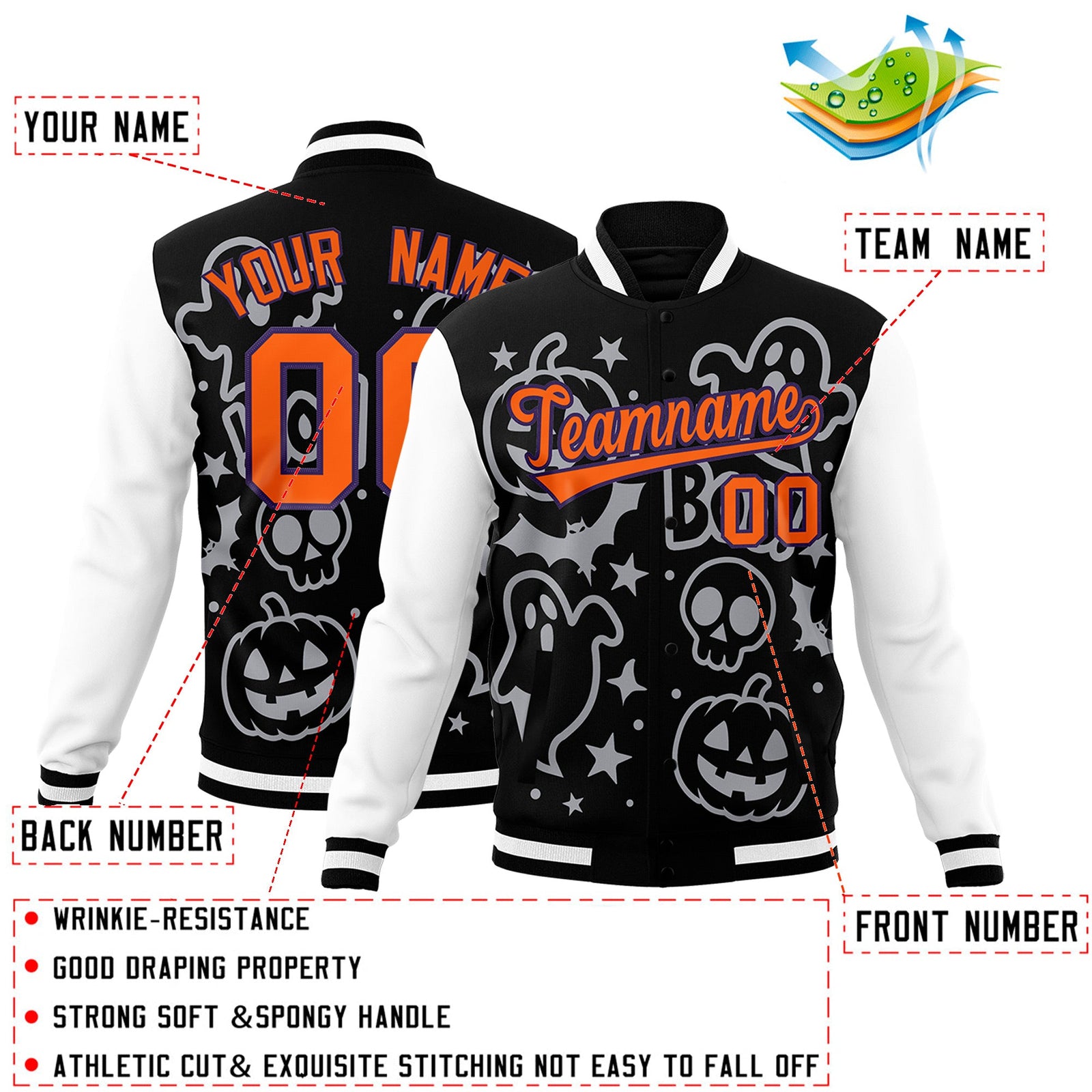 Custom Navy White Orange Bats Pumpkins Ghost Patterns Halloween Letterman Jacket | Custom Letterman Jacket,Add Name and Numbern,Sublimation Printed & Stitched,Perfect for Parties | KXKSHOP