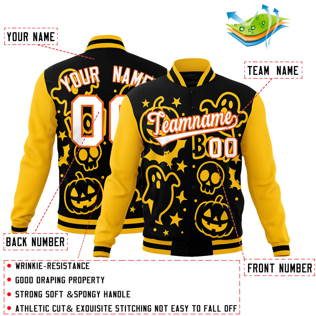 Custom Gold Black White Bats Pumpkins Ghost Patterns Halloween Letterman Jacket | Custom Letterman Jacket,Add Name and Numbern,Sublimation Printed &amp; Stitched,Perfect for Parties | KXKSHOP