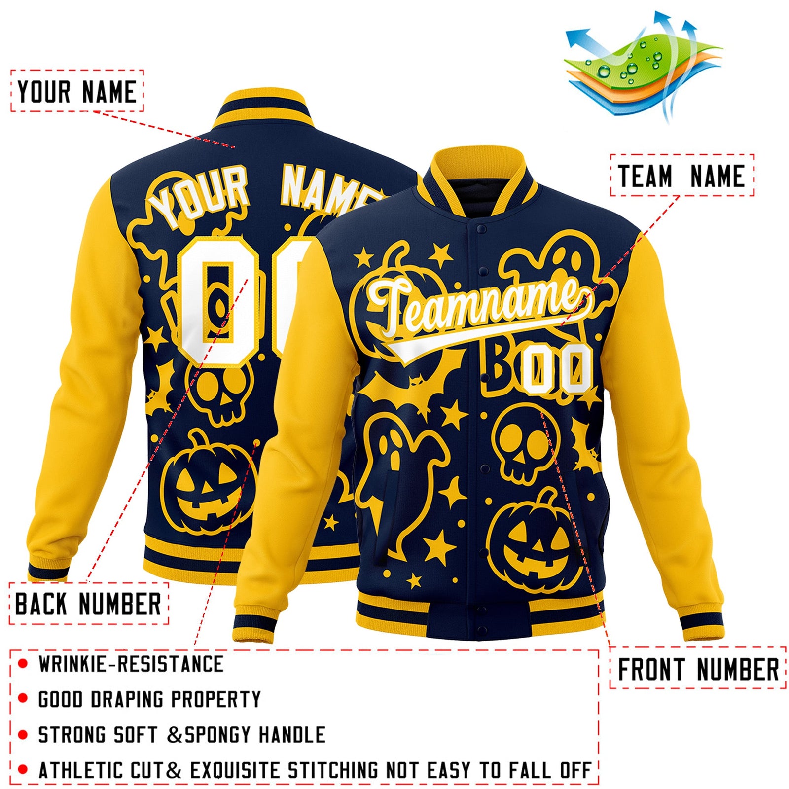 Custom Gold Navy White Bats Pumpkins Ghost Patterns Halloween Letterman Jacket | Custom Letterman Jacket,Add Name and Numbern,Sublimation Printed & Stitched,Perfect for Parties | KXKSHOP