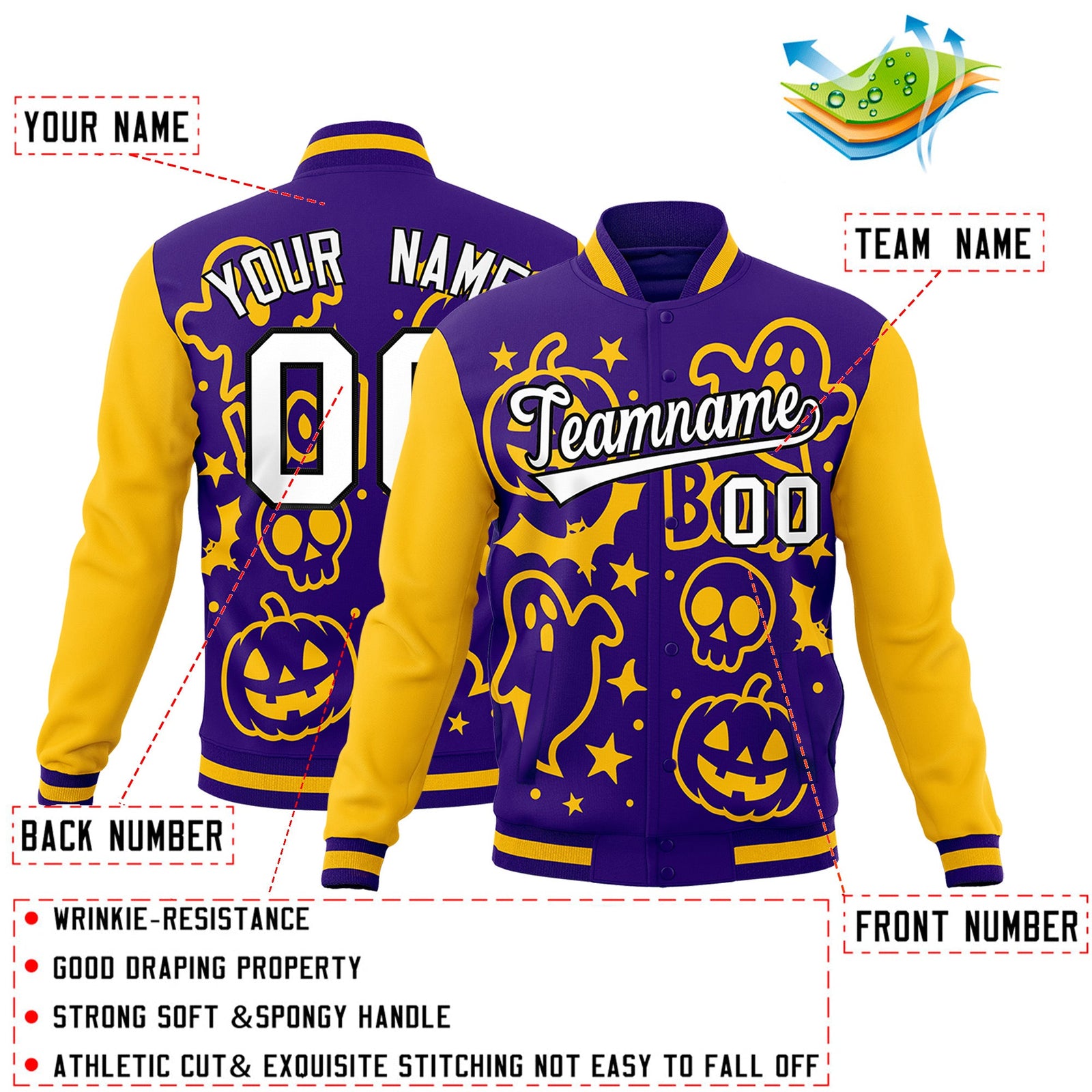 Custom Purple Gold White Bats Pumpkins Ghost Patterns Halloween Letterman Jacket | Custom Letterman Jacket,Add Name and Numbern,Sublimation Printed & Stitched,Perfect for Parties | KXKSHOP