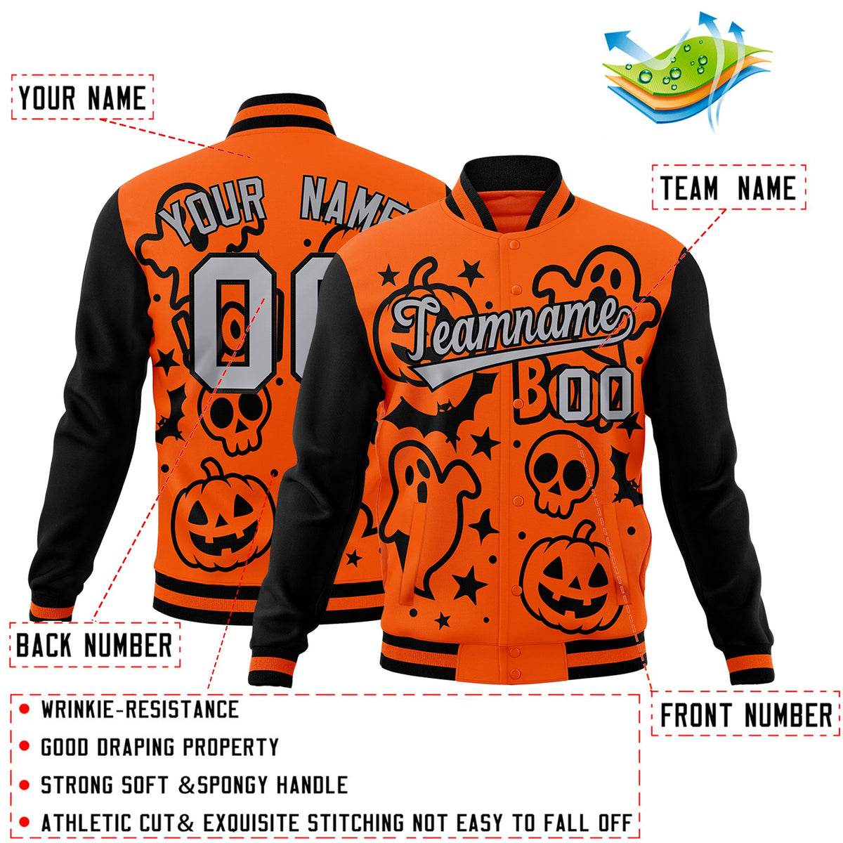 Custom Black Orange Gray Bats Pumpkins Ghost Patterns Halloween Letterman Jacket | Custom Letterman Jacket,Add Name and Numbern,Sublimation Printed &amp; Stitched,Perfect for Parties | KXKSHOP