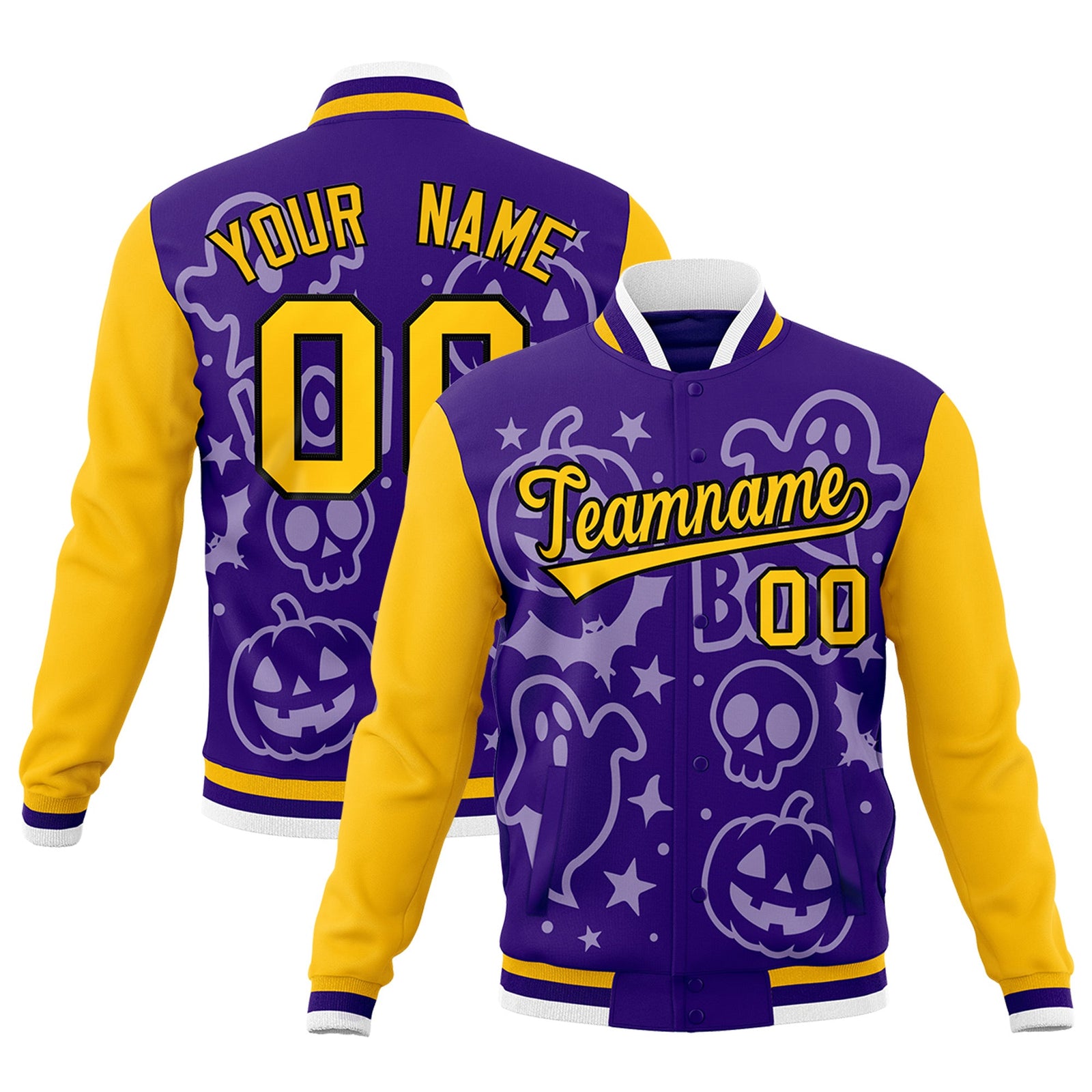 Custom Yellow Purple Gold Bats Pumpkins Ghost Patterns Halloween Letterman Jacket | Custom Letterman Jacket,Add Name and Numbern,Sublimation Printed & Stitched,Perfect for Parties | KXKSHOP