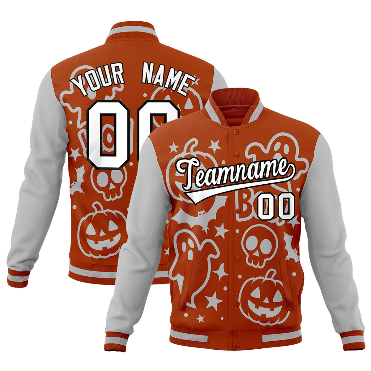 Custom Dark Orange Gray White Bats Pumpkins Ghost Patterns Halloween Letterman Jacket | Custom Letterman Jacket,Add Name and Numbern,Sublimation Printed &amp; Stitched,Perfect for Parties | KXKSHOP
