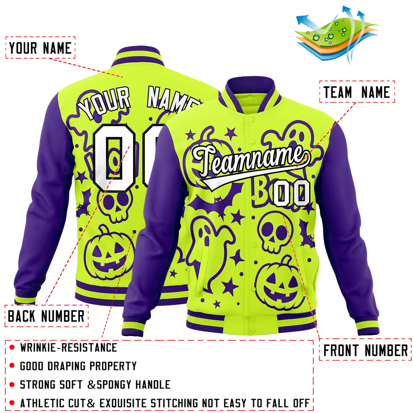 Custom Purple Neon Green White Bats Pumpkins Ghost Patterns Halloween Letterman Jacket | Custom Letterman Jacket,Add Name and Numbern,Sublimation Printed & Stitched,Perfect for Parties | KXKSHOP