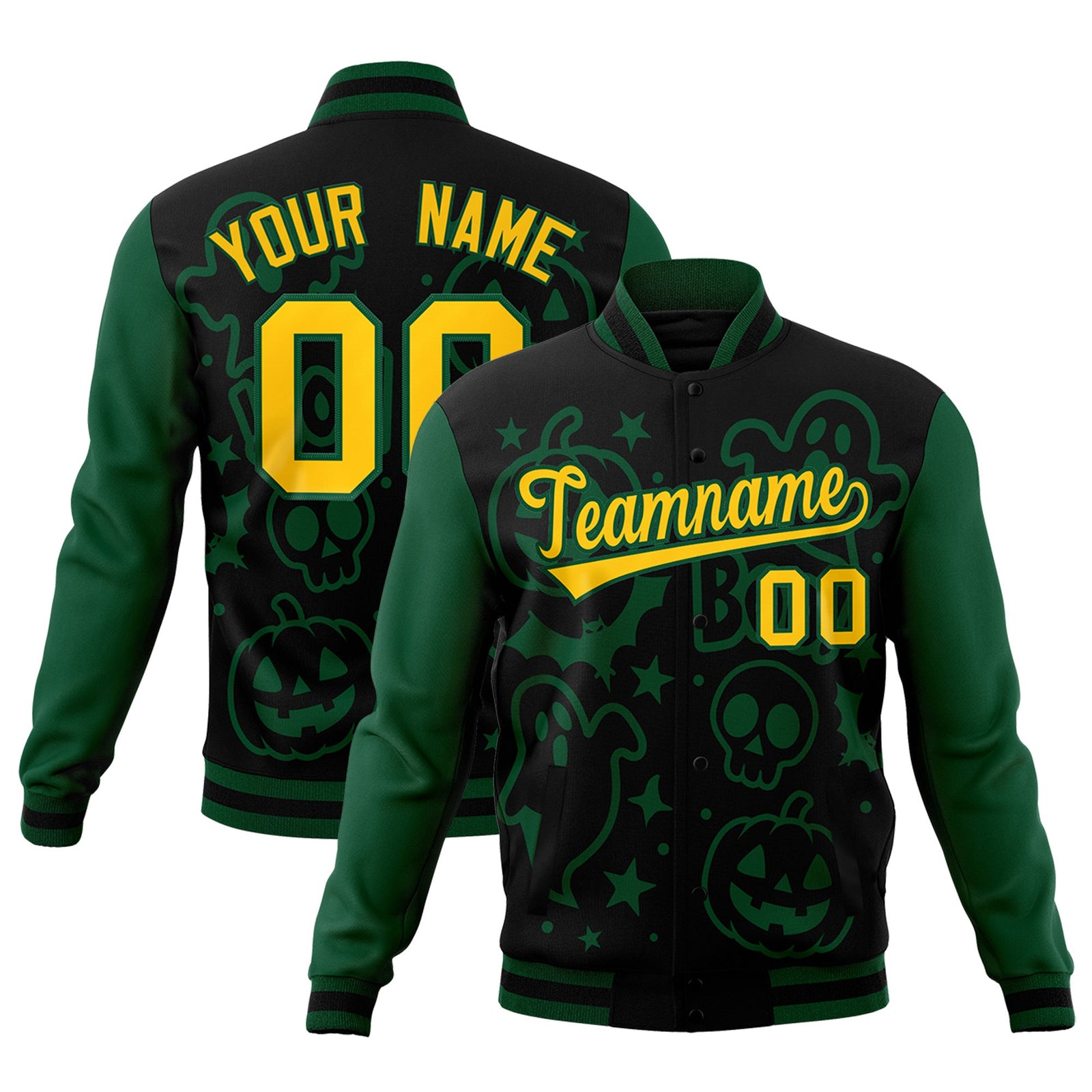 Custom Green Black Gold Bats Pumpkins Ghost Patterns Halloween Letterman Jacket | Custom Letterman Jacket,Add Name and Numbern,Sublimation Printed & Stitched,Perfect for Parties | KXKSHOP