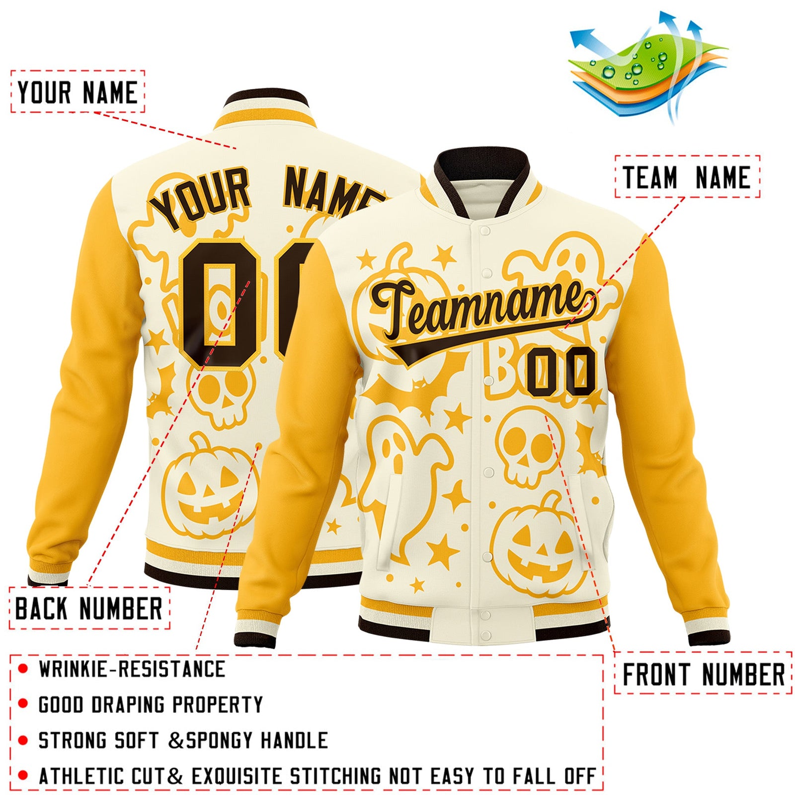 Custom Yellow Cream Gold Bats Pumpkins Ghost Patterns Halloween Letterman Jacket | Custom Letterman Jacket,Add Name and Numbern,Sublimation Printed & Stitched,Perfect for Parties | KXKSHOP