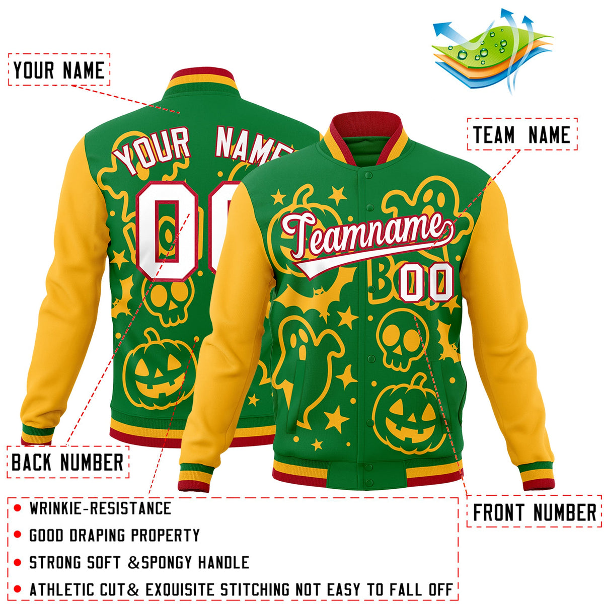 Custom Kelly Green Gold Red Bats Pumpkins Ghost Patterns Halloween Letterman Jacket | Custom Letterman Jacket,Add Name and Numbern,Sublimation Printed & Stitched,Perfect for Parties | KXKSHOP