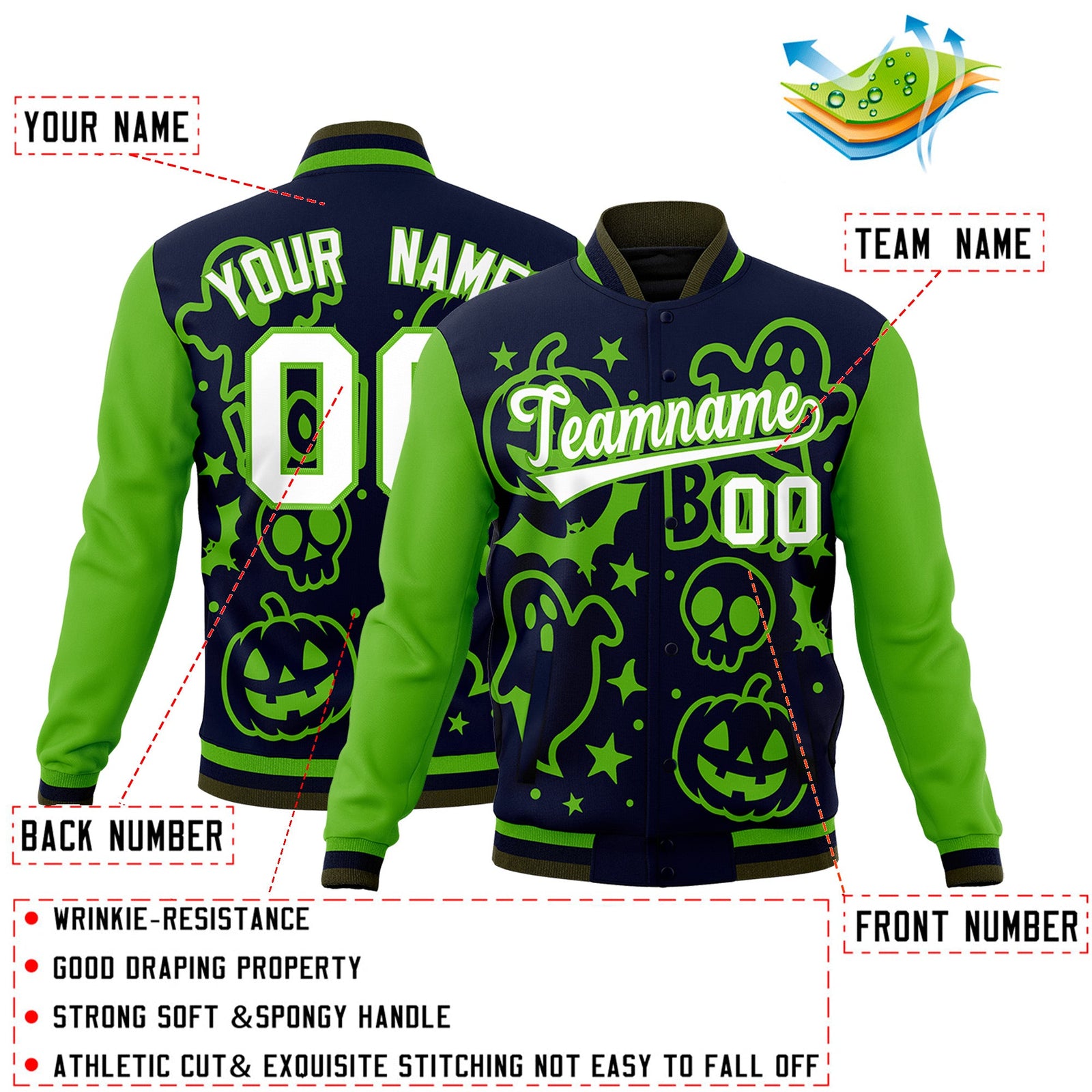 Custom Green Navy Olive Bats Pumpkins Ghost Patterns Halloween Letterman Jacket | Custom Letterman Jacket,Add Name and Numbern,Sublimation Printed & Stitched,Perfect for Parties | KXKSHOP