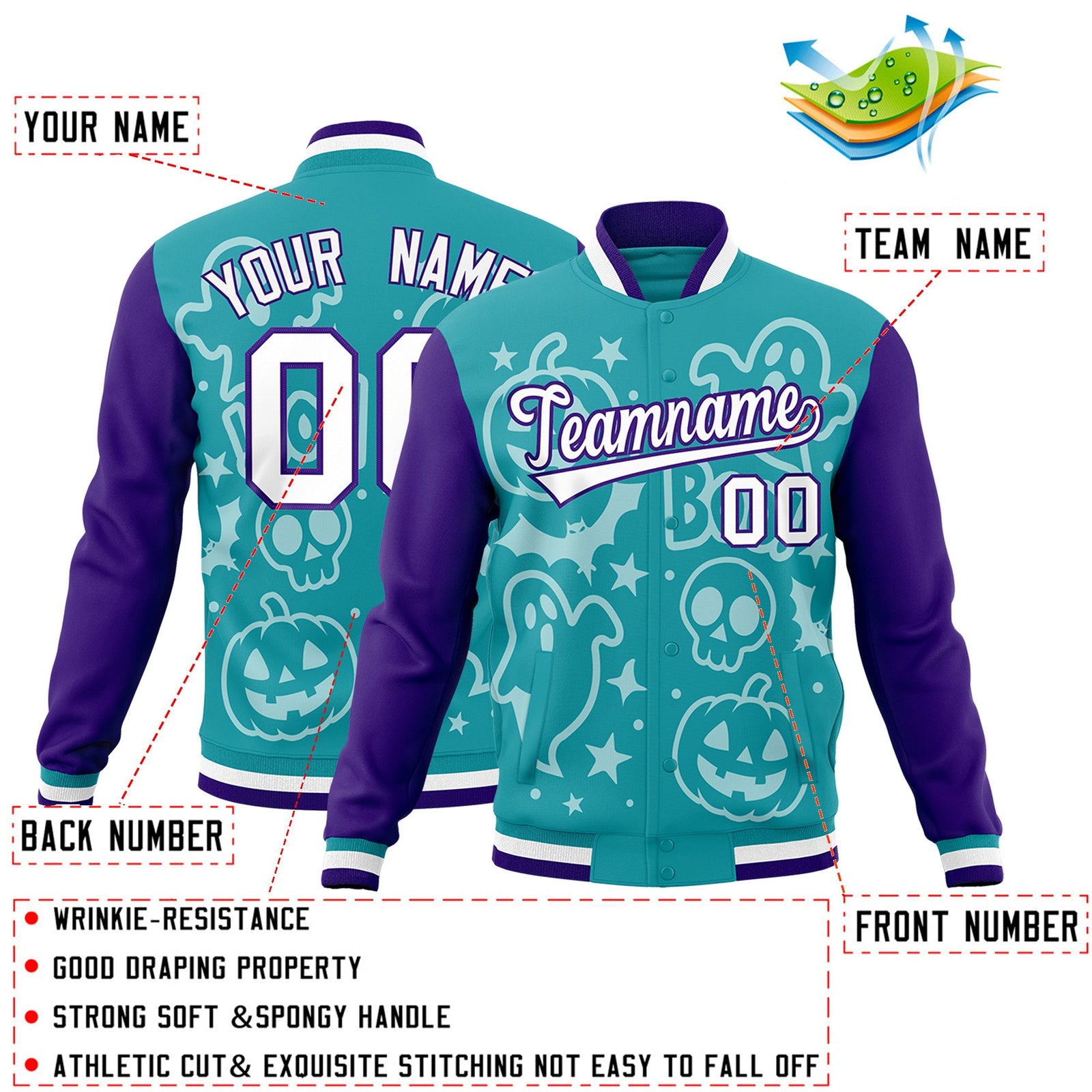 Custom Aqua Purple White Bats Pumpkins Ghost Patterns Halloween Letterman Jacket | Custom Letterman Jacket,Add Name and Numbern,Sublimation Printed & Stitched,Perfect for Parties | KXKSHOP