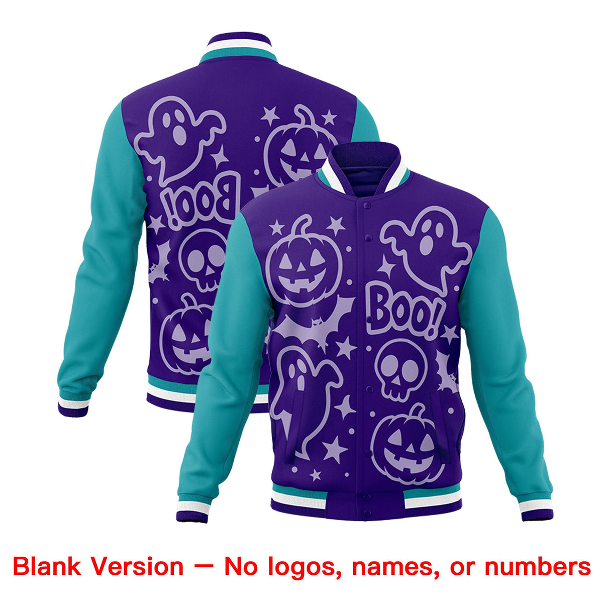 Custom Purple Aqua White Bats Pumpkins Ghost Patterns Halloween Letterman Jacket | Custom Letterman Jacket,Add Name and Numbern,Sublimation Printed & Stitched,Perfect for Parties | KXKSHOP