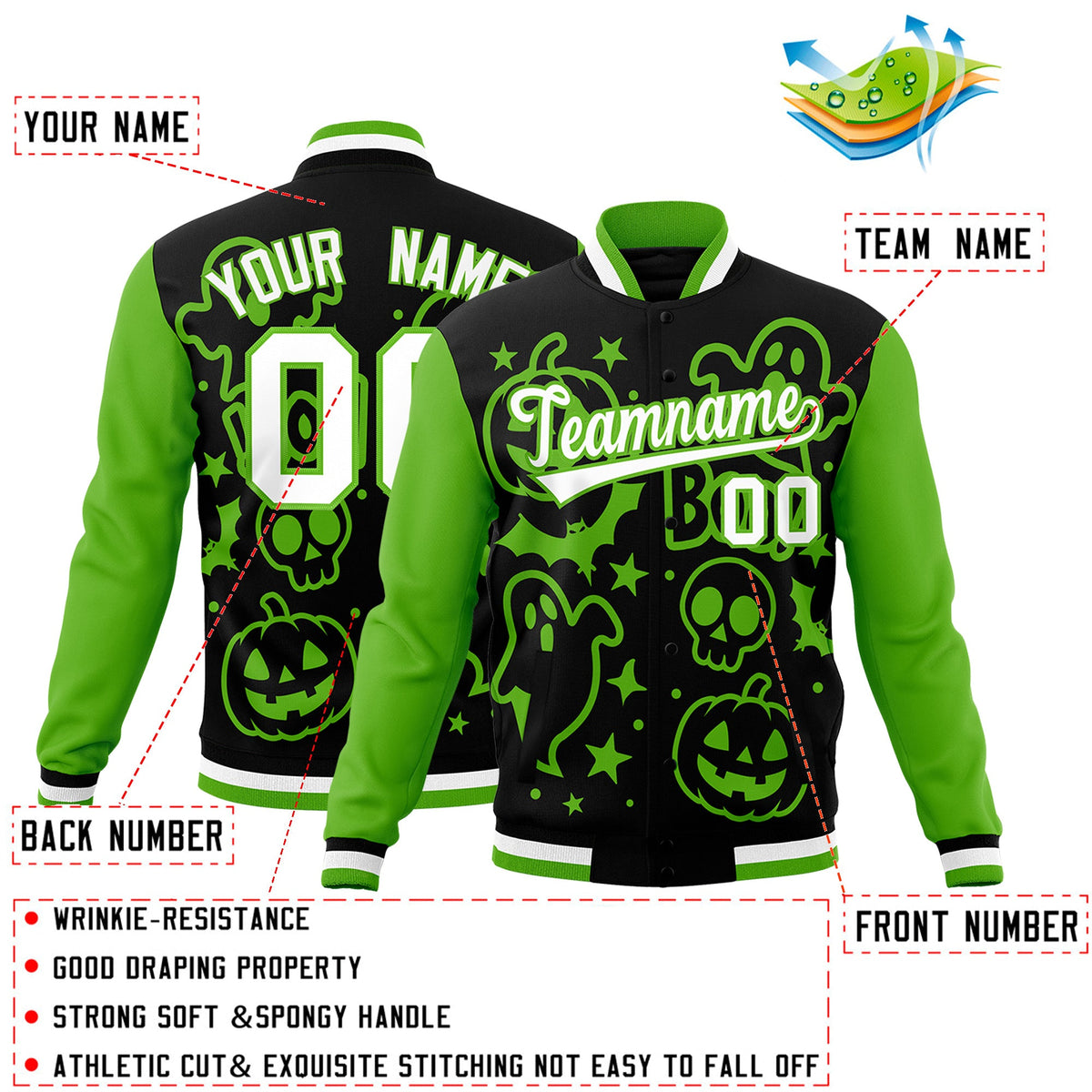 Custom Black Green White Bats Pumpkins Ghost Patterns Halloween Letterman Jacket | Custom Letterman Jacket,Add Name and Numbern,Sublimation Printed &amp; Stitched,Perfect for Parties | KXKSHOP