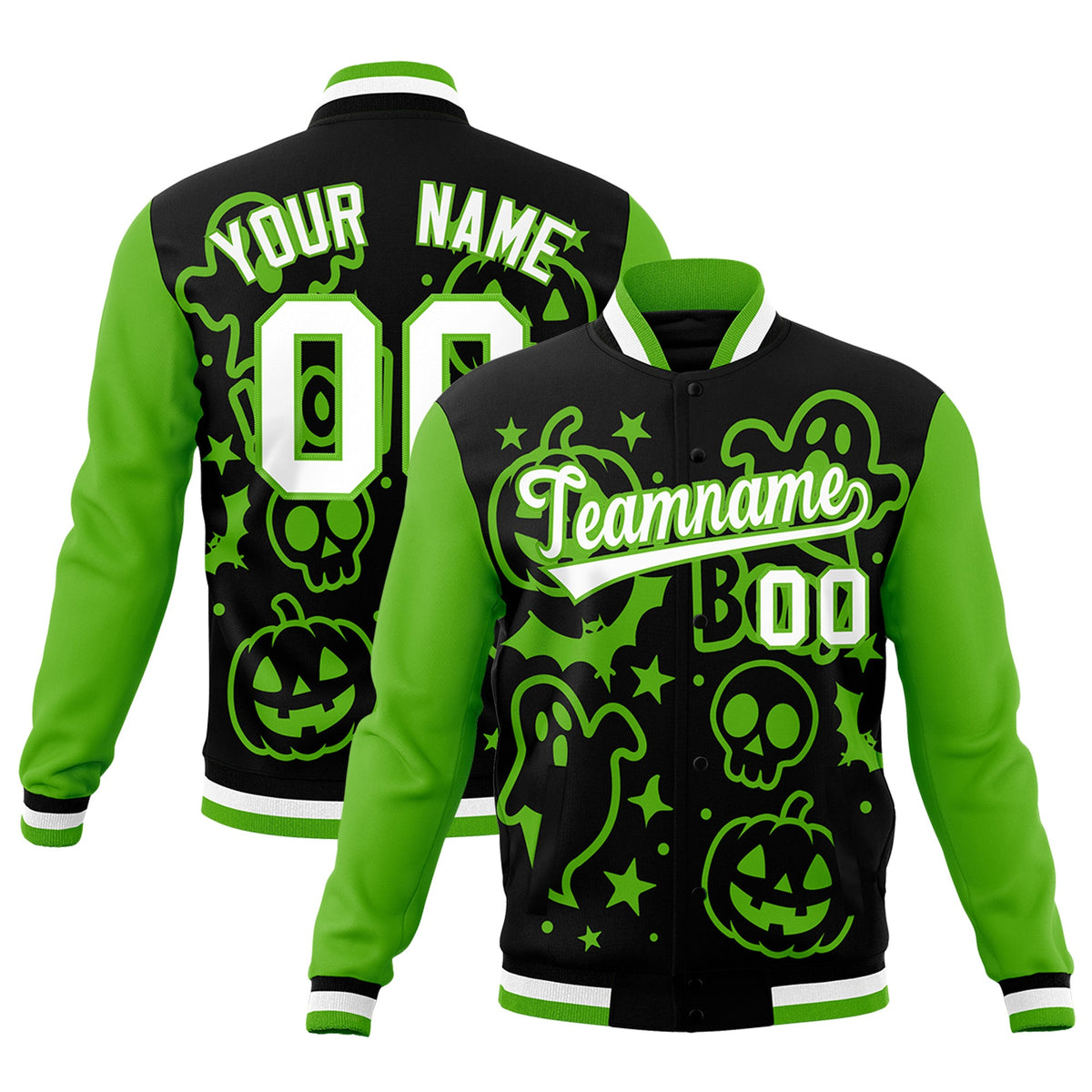 Custom Black Green White Bats Pumpkins Ghost Patterns Halloween Letterman Jacket | Custom Letterman Jacket,Add Name and Numbern,Sublimation Printed &amp; Stitched,Perfect for Parties | KXKSHOP
