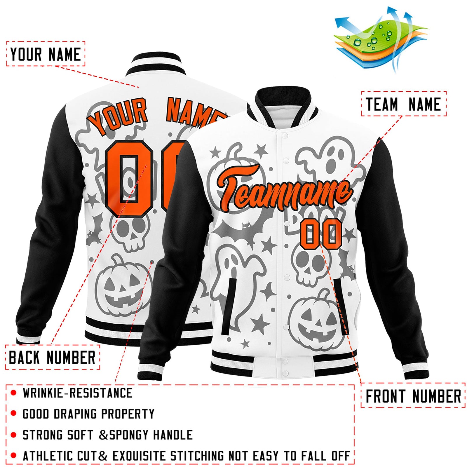 Custom White Black Orange Bats Pumpkins Ghost Patterns Halloween Letterman Jacket | Custom Letterman Jacket,Add Name and Numbern,Sublimation Printed & Stitched,Perfect for Parties | KXKSHOP