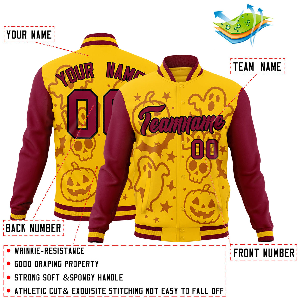 Custom Crimson Gold Yellow Bats Pumpkins Ghost Patterns Halloween Letterman Jacket | Custom Letterman Jacket,Add Name and Numbern,Sublimation Printed & Stitched,Perfect for Parties | KXKSHOP
