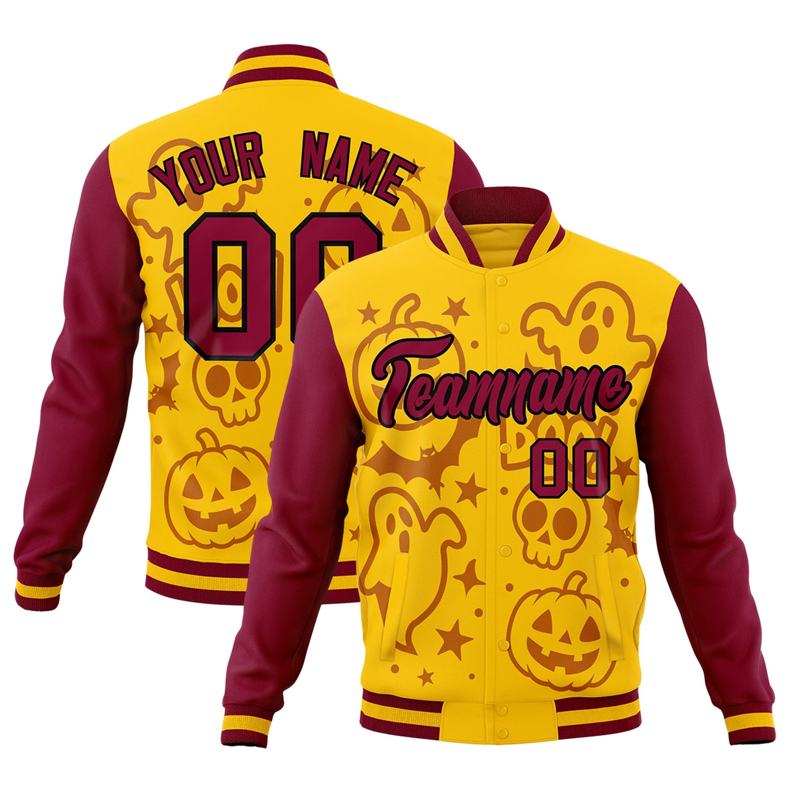 Custom Crimson Gold Yellow Bats Pumpkins Ghost Patterns Halloween Letterman Jacket | Custom Letterman Jacket,Add Name and Numbern,Sublimation Printed & Stitched,Perfect for Parties | KXKSHOP