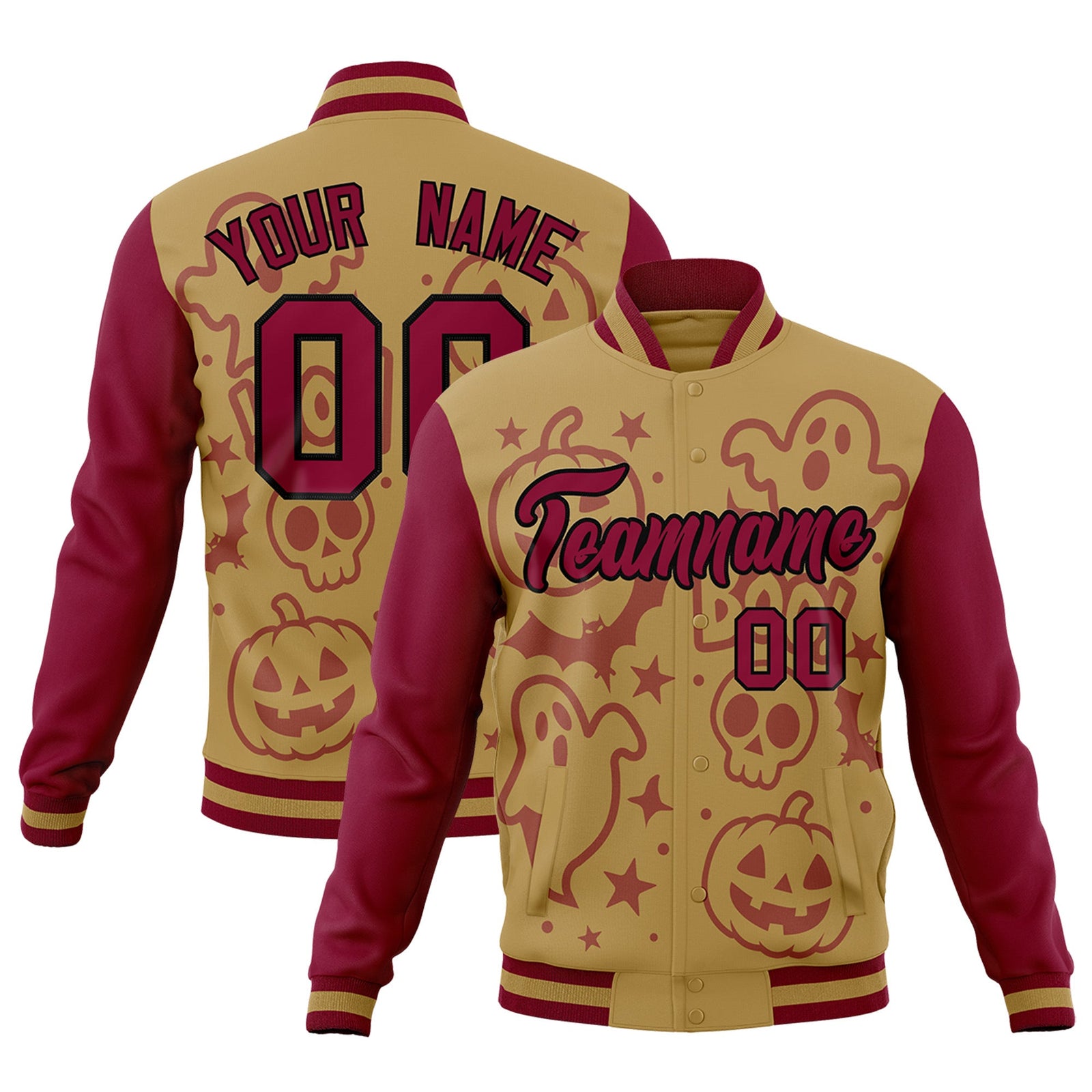 Custom Khaki Crimson Black Bats Pumpkins Ghost Patterns Halloween Letterman Jacket | Custom Letterman Jacket,Add Name and Numbern,Sublimation Printed & Stitched,Perfect for Parties | KXKSHOP