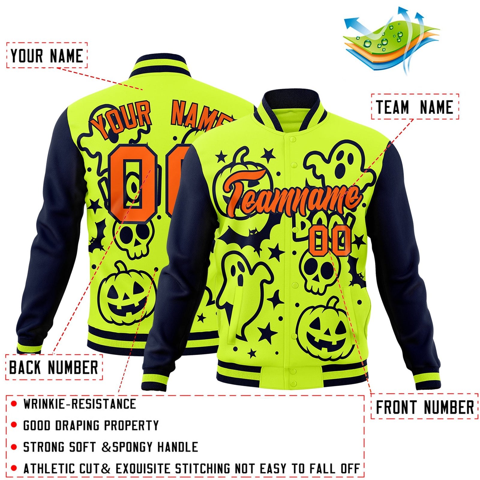 Custom Neon Green Navy Orange Bats Pumpkins Ghost Patterns Halloween Letterman Jacket | Custom Letterman Jacket,Add Name and Numbern,Sublimation Printed & Stitched,Perfect for Parties | KXKSHOP