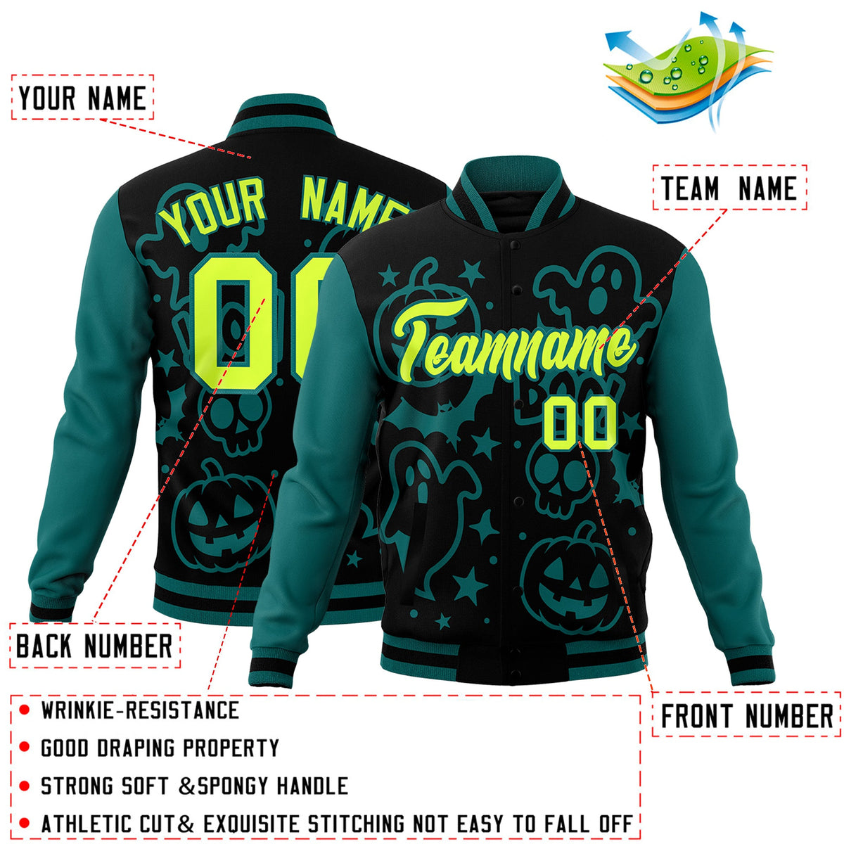 Custom Teal Black Neon Green Bats Pumpkins Ghost Patterns Halloween Letterman Jacket | Custom Letterman Jacket,Add Name and Numbern,Sublimation Printed &amp; Stitched,Perfect for Parties | KXKSHOP