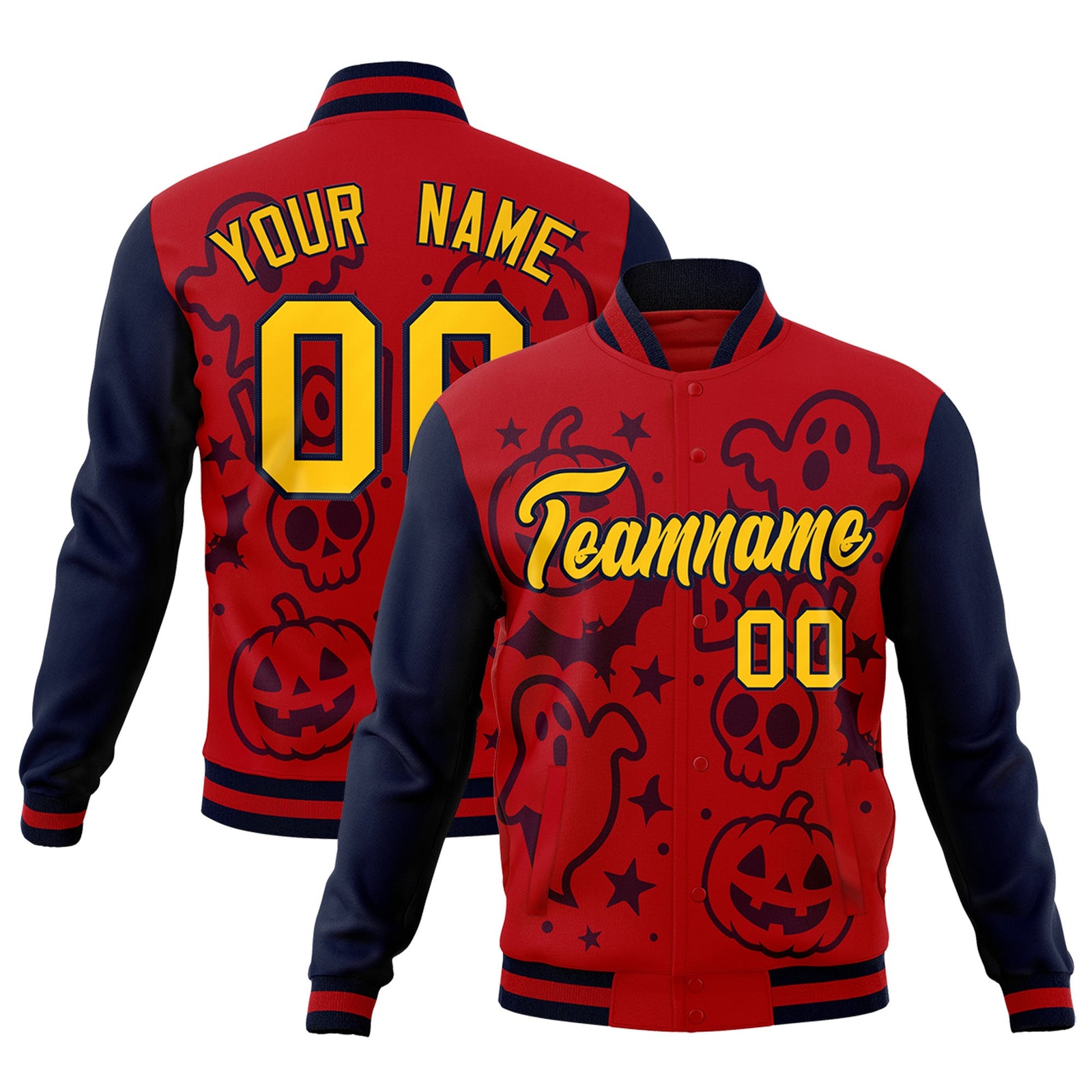Custom Navy Red Gold Bats Pumpkins Ghost Patterns Halloween Letterman Jacket | Custom Letterman Jacket,Add Name and Numbern,Sublimation Printed & Stitched,Perfect for Parties | KXKSHOP